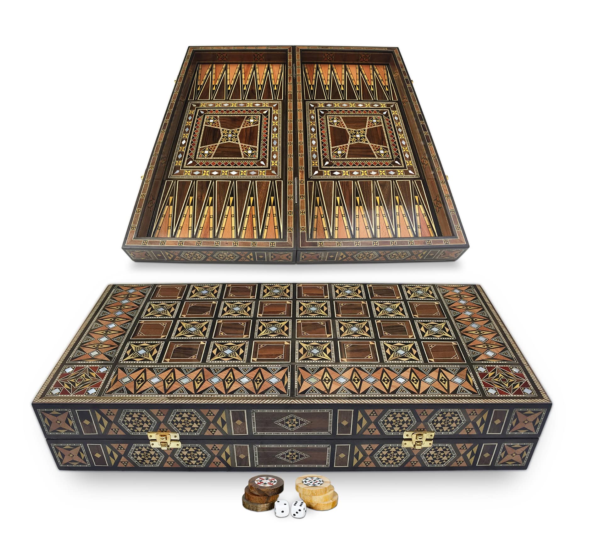 Nuovo 50 x 50 cm in legno Backgammon Tavla/Gioco di scacchi/DAMA,Tavla,Original intarsien Artigianato fatto a mano, Brett BK 50 con 30 pietre di backgammon in legno e con personaggi di scacchi da 97