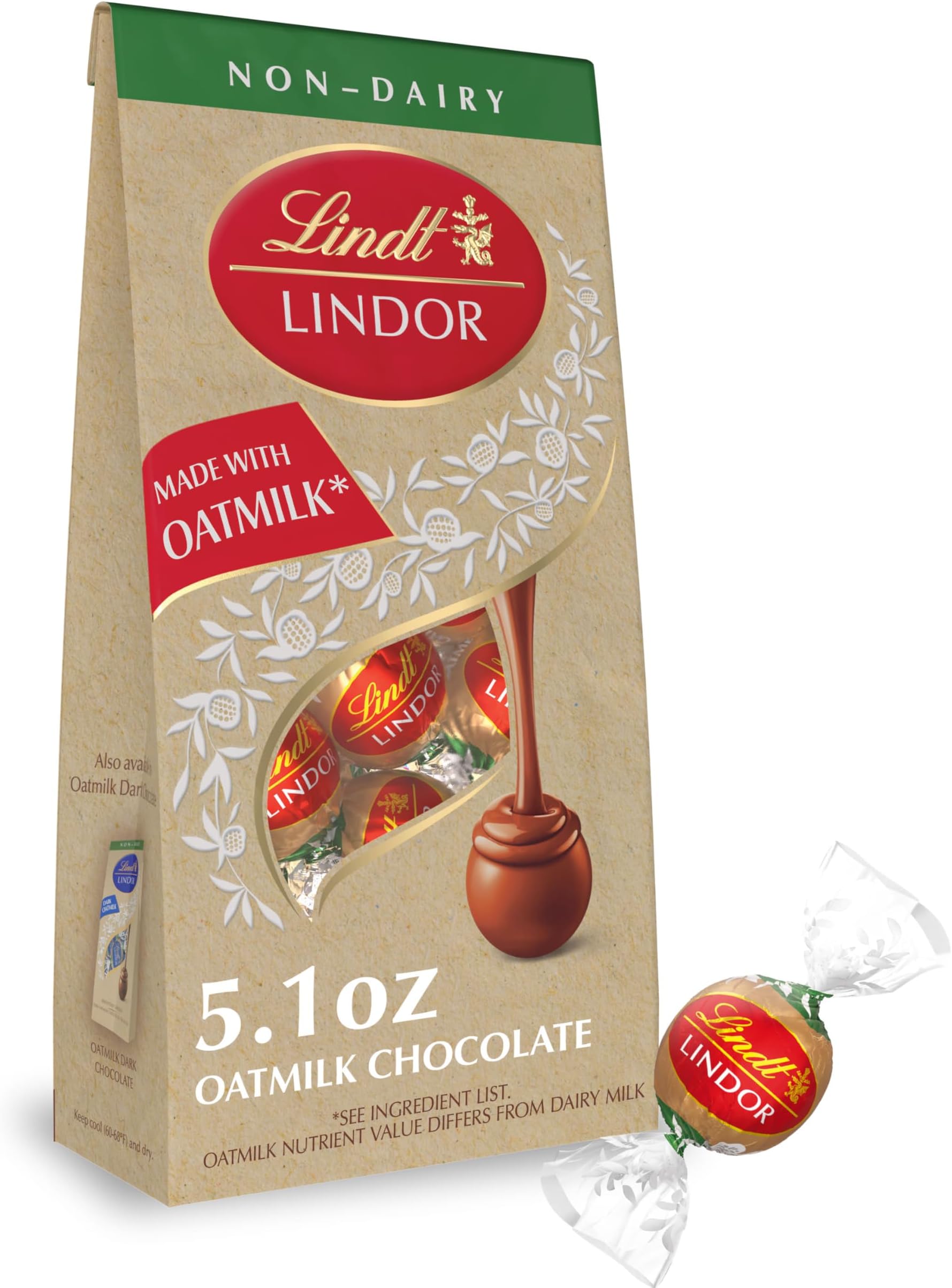 Lindt LINDOR OatMilk Chocolate Candy Truffles, Non-Dairy Chocolate Truffles with Smooth, Melting Truffle Center, 5.1 oz.