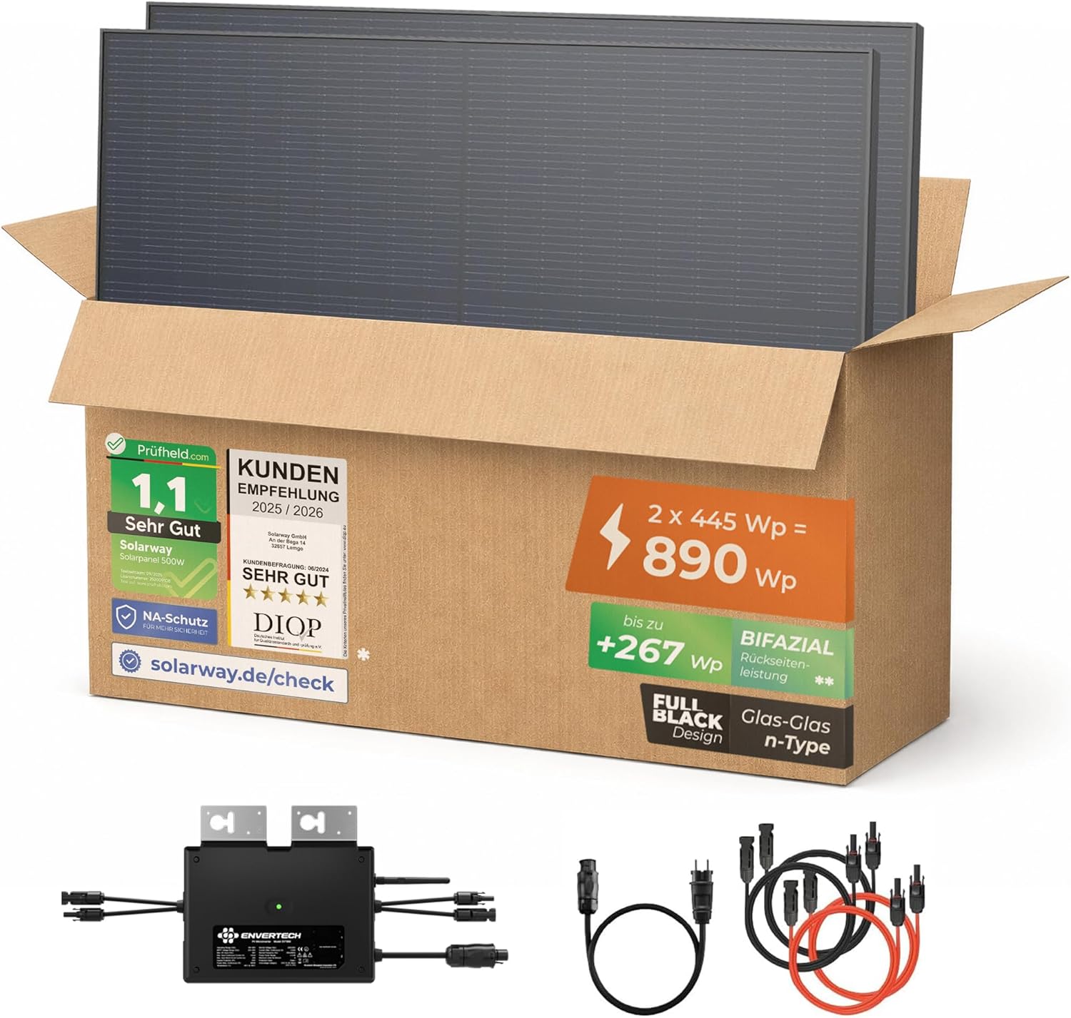 Solarway® 890W Balkonkraftwerk 800W komplett Steckdose - neuester 800 Watt Wechselrichter - Solaranlage Komplettset - 445W bifaziale Solarmodule &amp; Envertech &amp; Zubehör