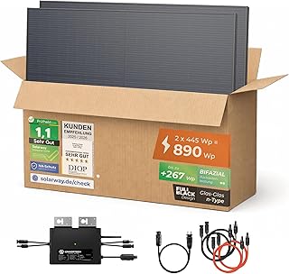 Solarway® 890W Balkonkraftwerk 800W komplett Steckdose - neuester 800 Watt Wechselrichter - Solaranlage Komplettset - 445W bifaziale Solarmodule & Envertech & Zubehör