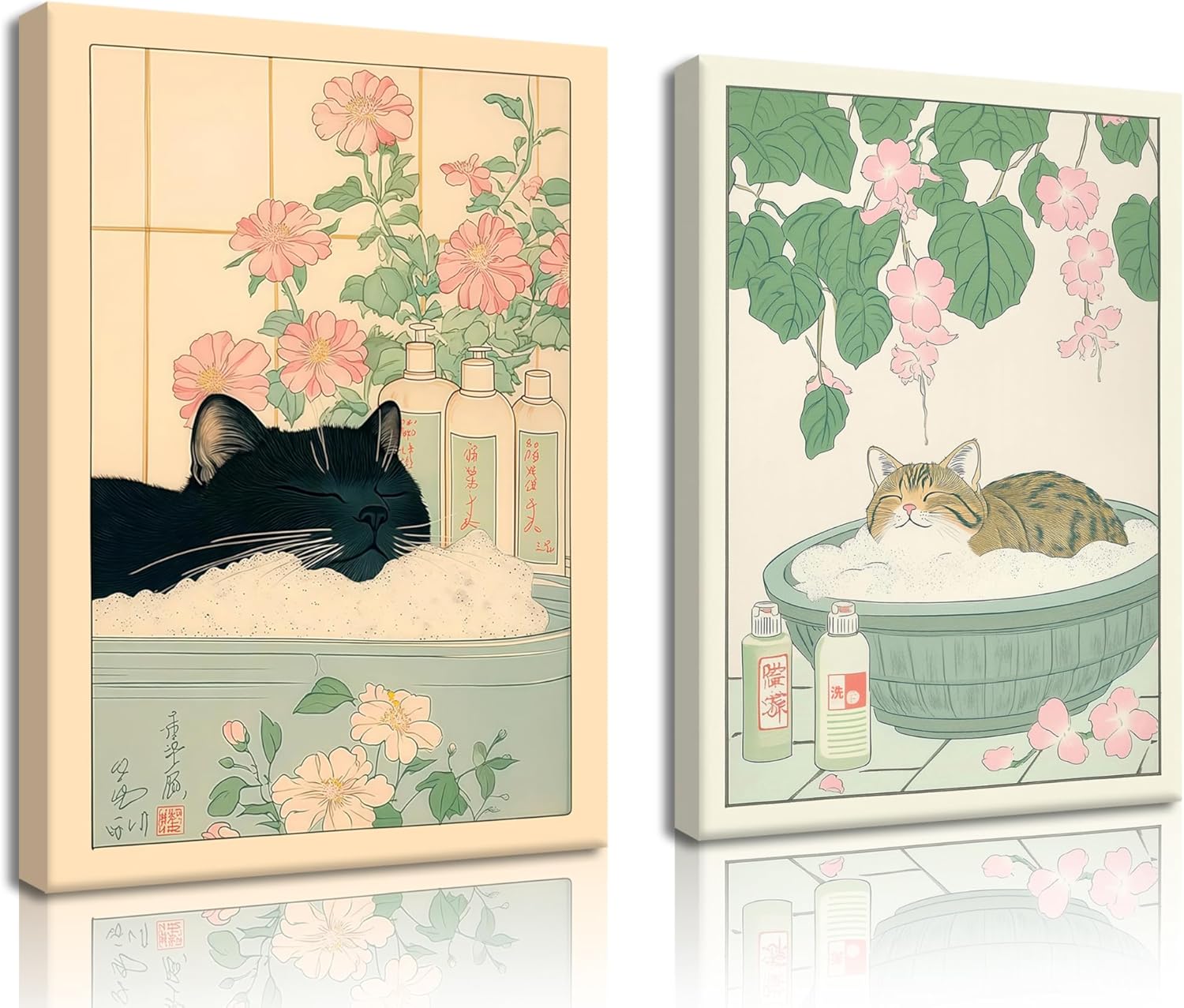 Japanese Cat Bathroom Wall Art Set of 2 Funny Black Cat in Bathtub Wall Decor Paintings Cute Tabby Cat Poster Canvas Prints Vintage Animal Aesthetic Pictures for Restroom 16x24 Inch Framed