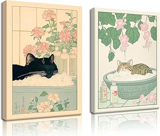 Japanese Cat Bathroom Wall Art Set of 2 Funny Black Cat in Bathtub Wall Decor Paintings Cute Tabby Cat Poster Canvas Prints Vintage Animal Aesthetic Pictures for Restroom 12x16 Inch Framed