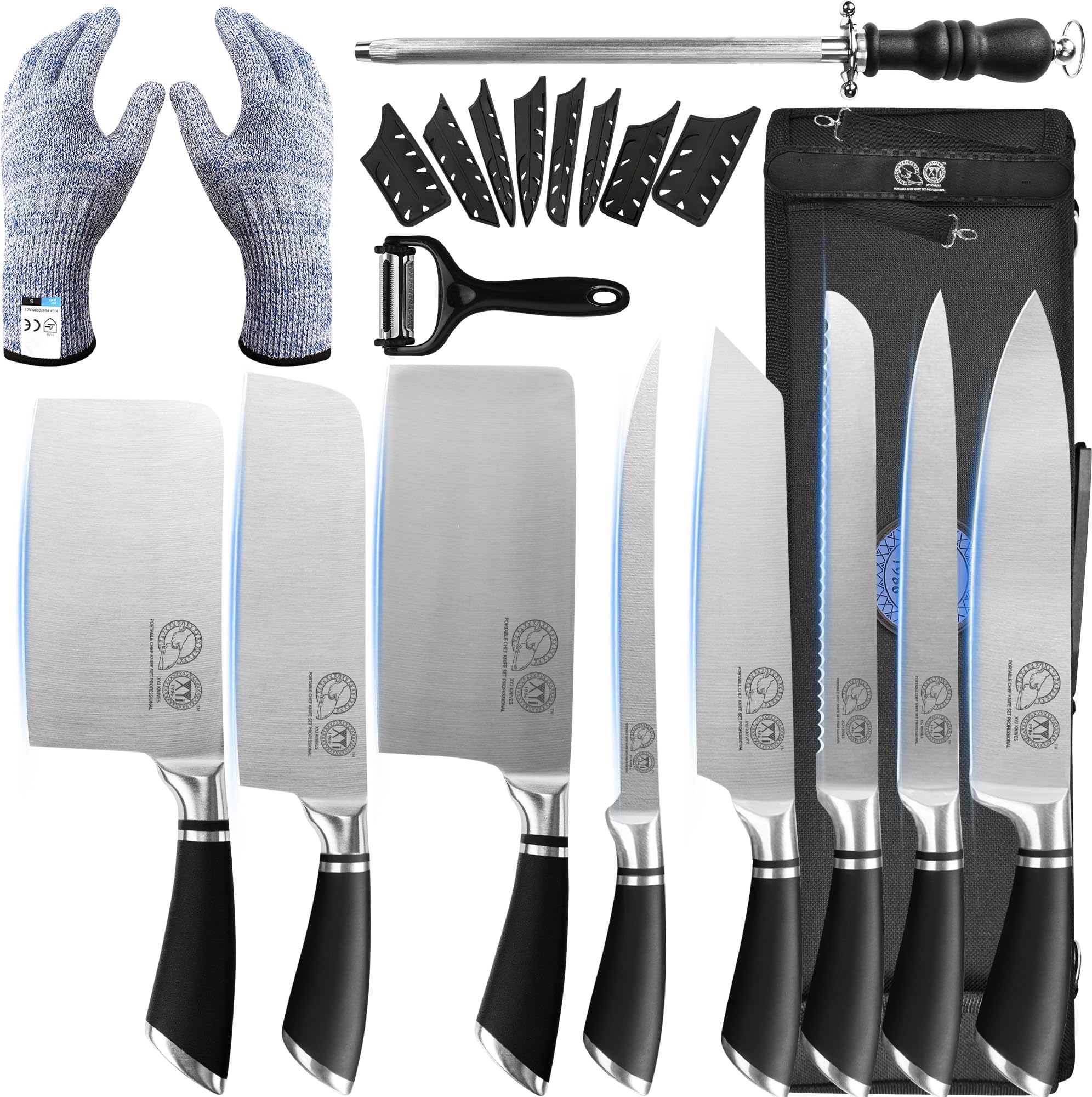 XYJ Knives,Professional Knife Sets for Master Chefs,8 Pcs Chef Knife Set with Bag,Meat Cleaver Butcher for Camping