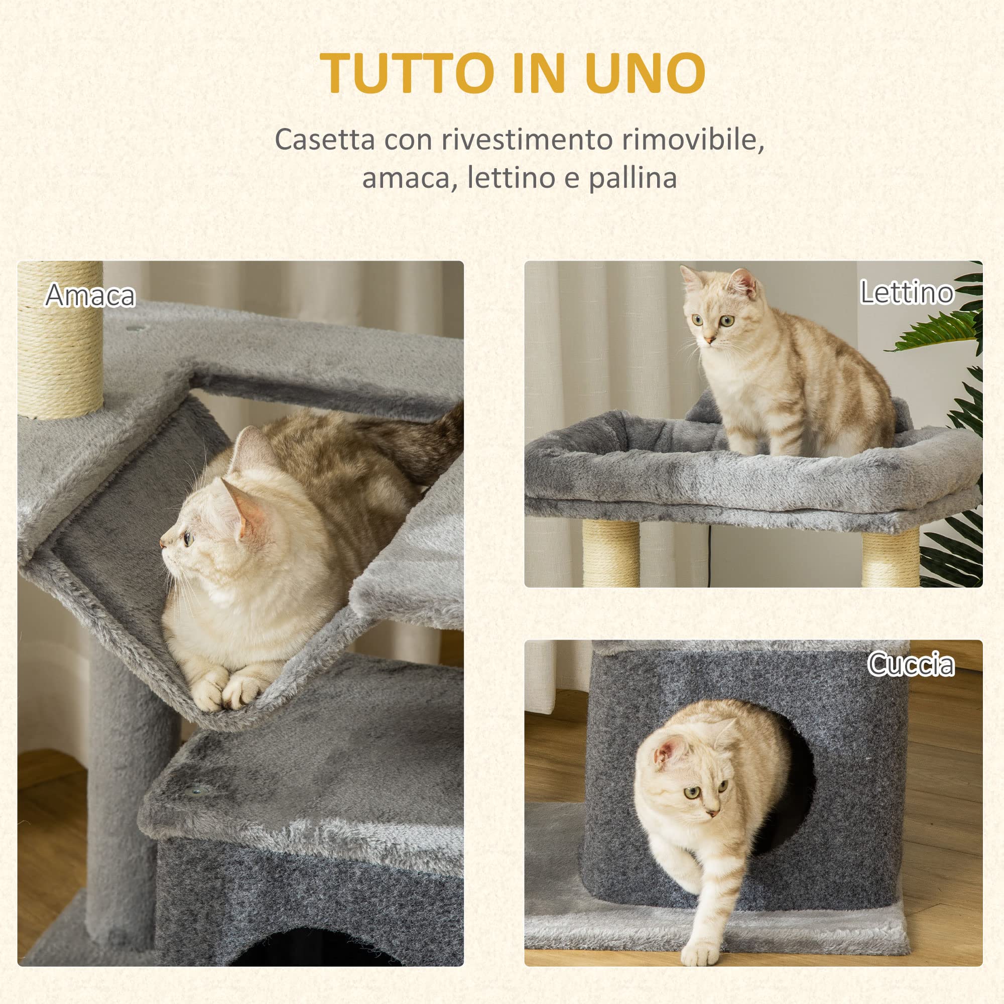PawHut Albero Tiragraffi per Gatti Adulti, Graffiatoio Castello per Gatti con in Corda Sisal, Casetta, Cuscino e Amaca, 2 Palline, Rivestimento in Peluche e Feltro, Altezza 90cm, Grigio