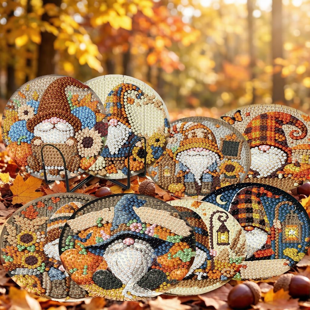 LWZAYS 8 Pcs 5D Autumn Gnome Diamond Art Coasters Kits with Holder, Fall Diamonds Painting Coasters Set for Adults, Small Mini Diamond Dots Kit for Beginners DIY Art Craft Home Decor image 4
