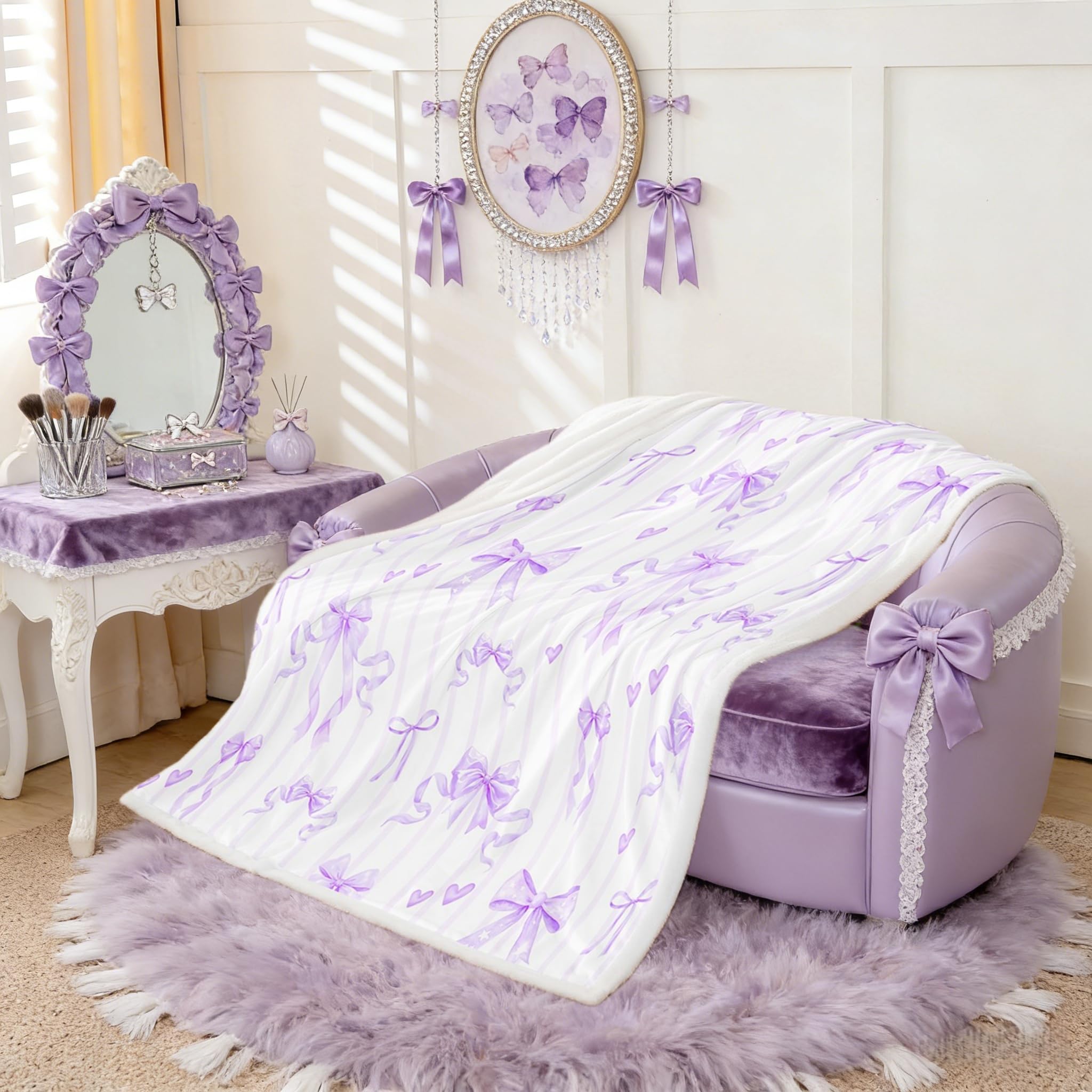 Erosebridal Princess Purple Ribbon Bow Fuzzy Plush Throw Love Heart Bowknot Fleece Blanket Purple Stripes Sherpa Blanket for Kids Boys Girls,Romantic Styles Bow Tie Decor for Bed Couch Twin 60"x80" - Twin - Purple White