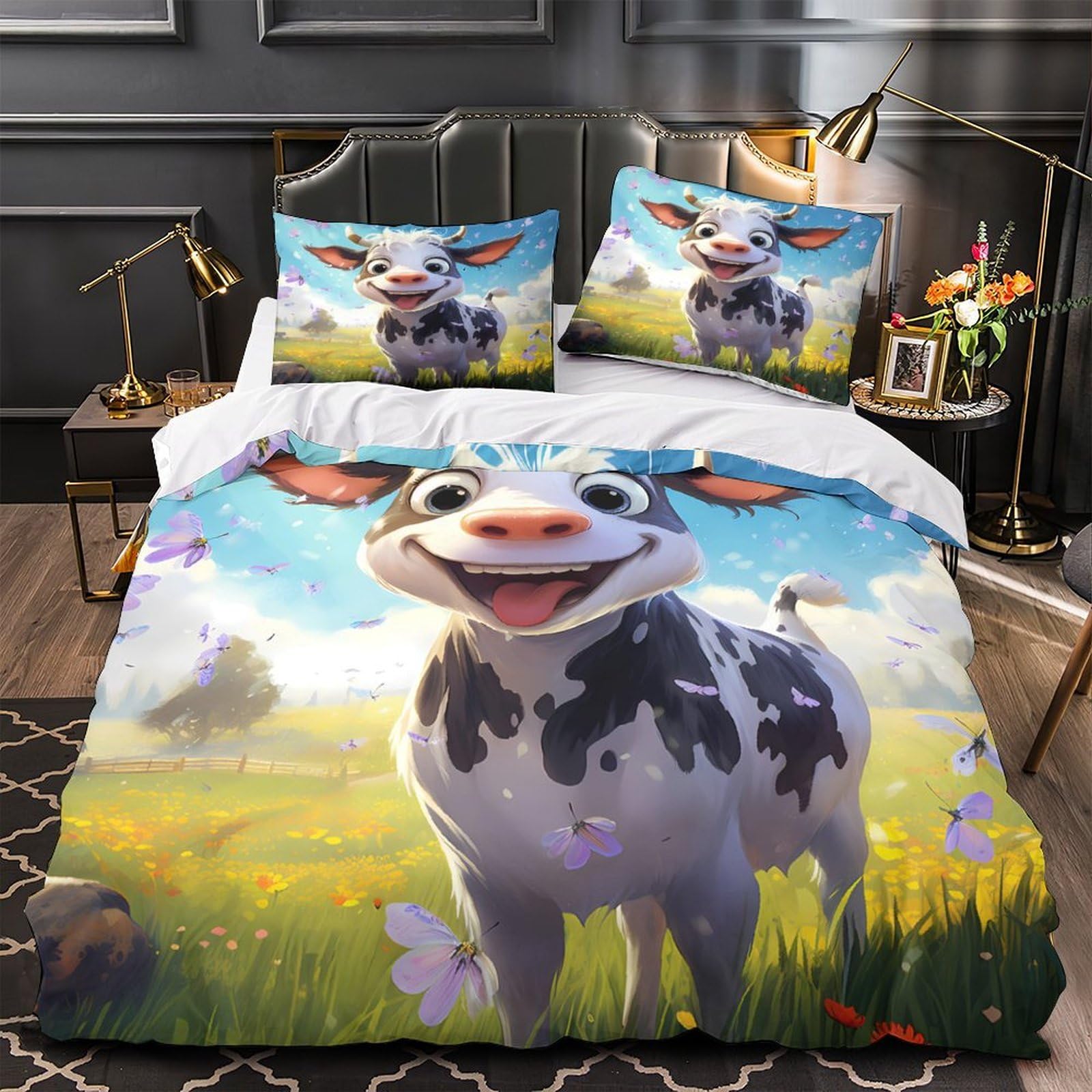Housse de couette 140x200 vache mignonne en microfibre douce imprimée