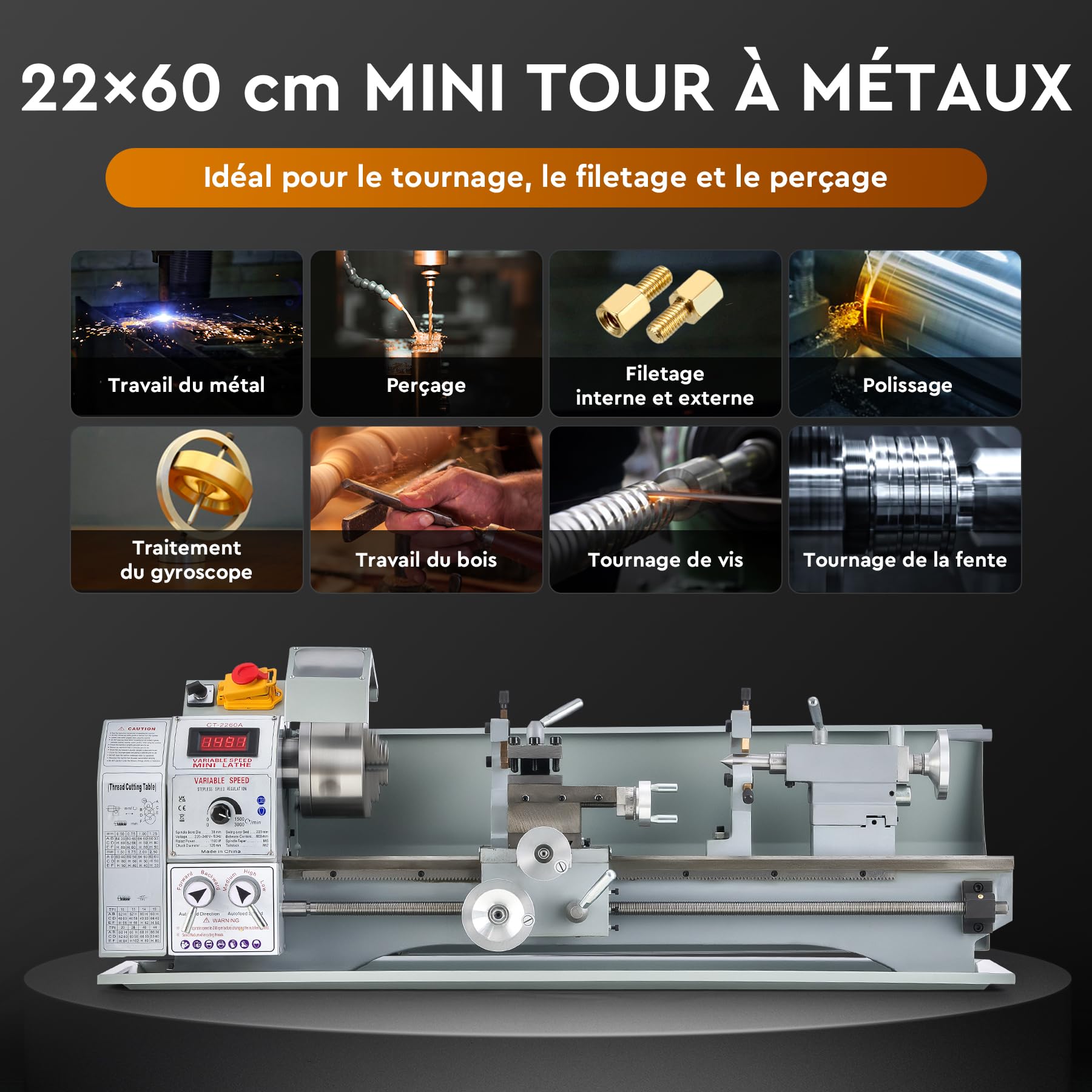 CREWORKS 1100W Mini Tour à Métaux d'Établie 220x600mm 9"x24" Haute Précision avec Mandrin à 3 Mâchoires et Vitesse de Broche Max. 3000 tr/min Écran LCD pour Filetage Tournage Perçage