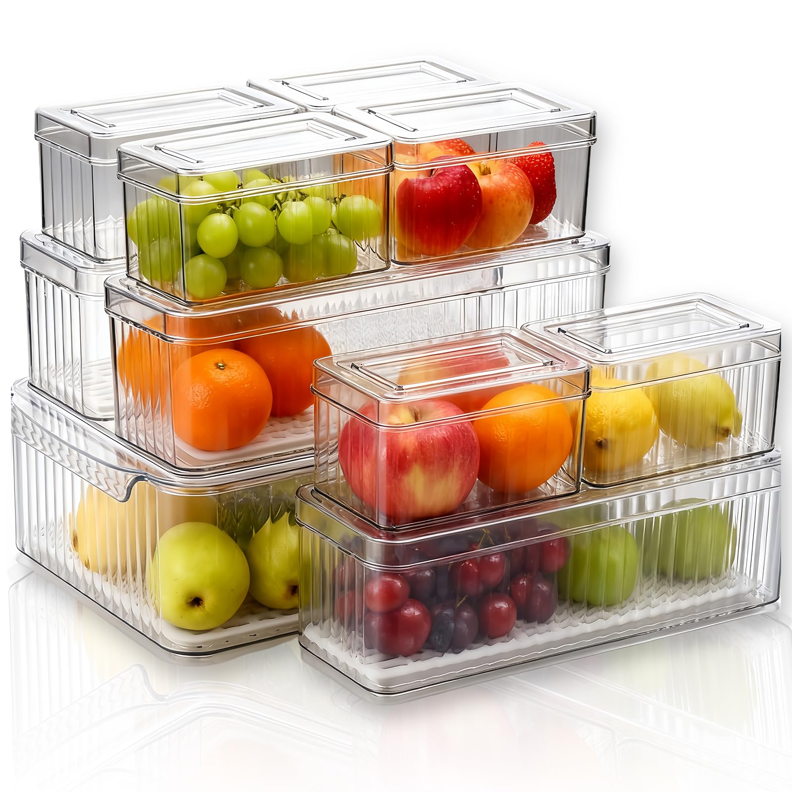 Meetoz Transparent 10 Pack Clear Fridge Storage Containers With Lids, Clear Food Storage Boxes With Drain Tray,Stackable Fridge Organisers, Bpa-Free, For Fruits, Vegetable, Suitable For Freezer, Pantry, Cabinet