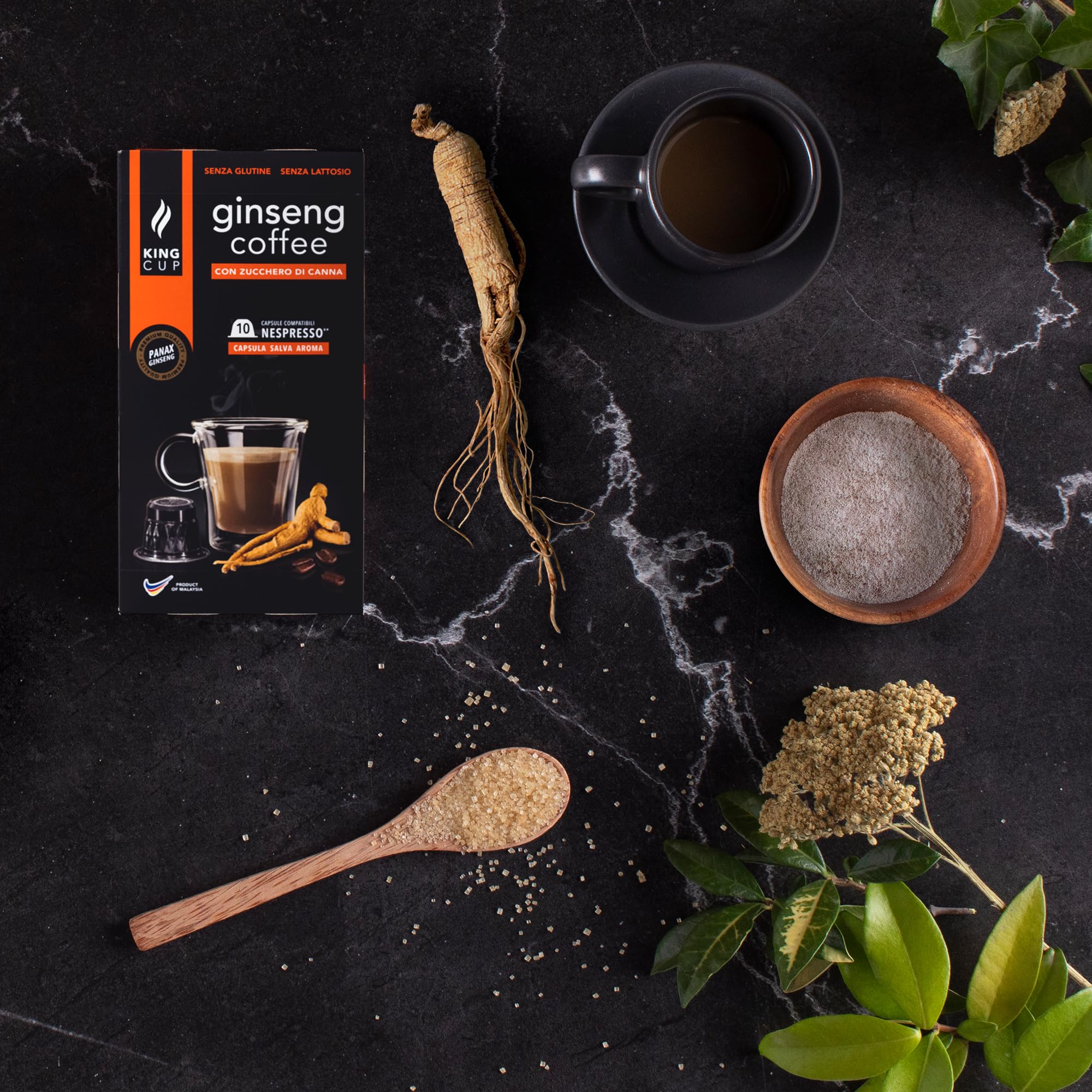 King Cup - 10 Paquetes de 10 Cápsulas de Ginseng con Azúcar de Caña, 100 Cápsulas 100% Compatible con el Sistema Nespresso de Bebida con Sabor de Ginseng, Sin Gluten y Sin Lactosa