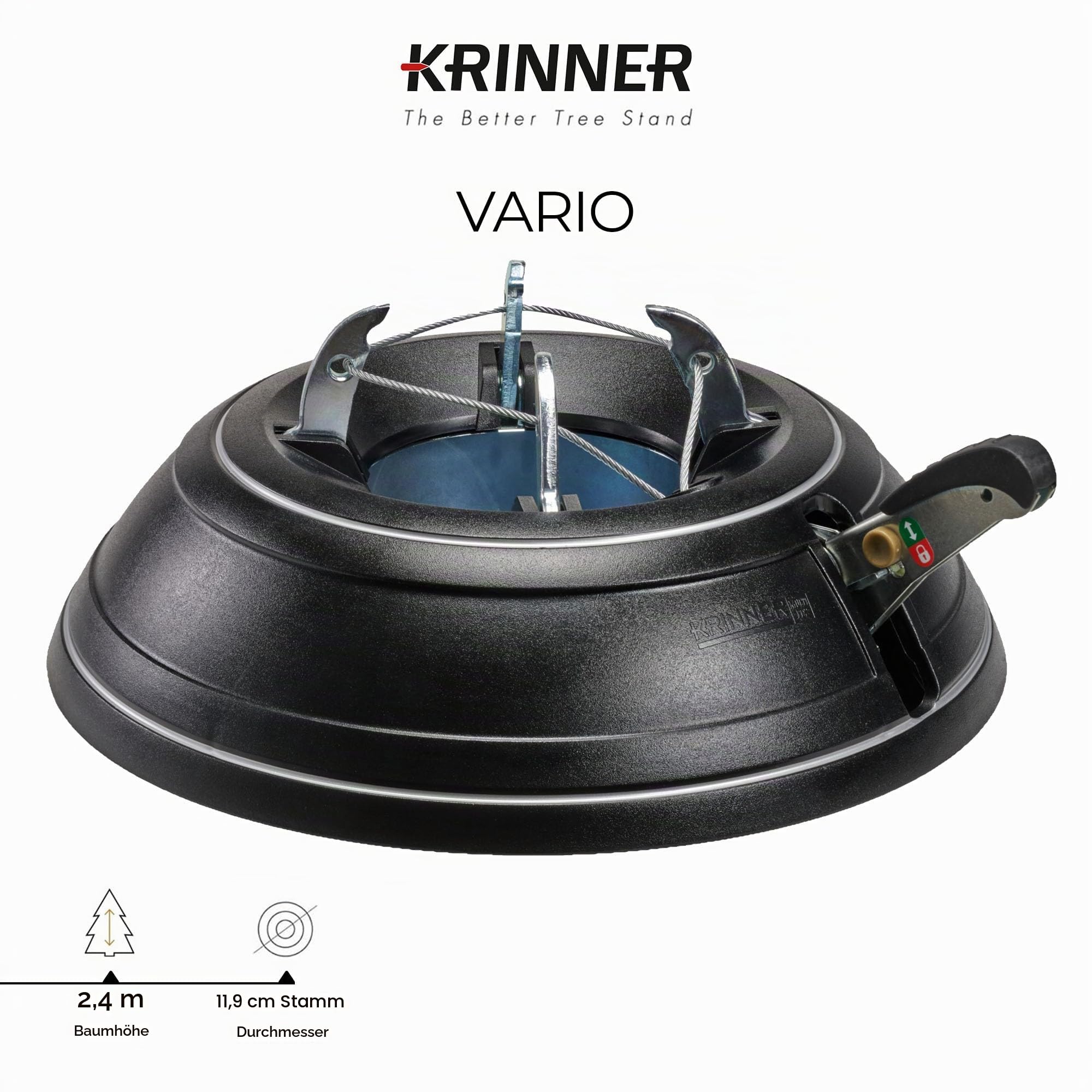 KRINNER Weihnachtsbaum Christbaumständer Vario Classic In & Outdoor Schwarz 39cm inkl. Fußpedal-und Einseiltechnik für Baumhöhe bis 2,6m 94020