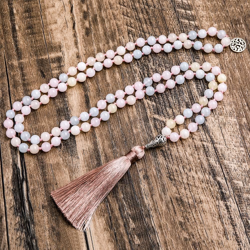 108 Mala Prayer Beads Necklace Natural Stones Meditation Yoga Jewery 108 Hand Knotted Japa Mala Beaded Long Tassel Necklace with Tree of Life Pendant for Men and Women - Image 6