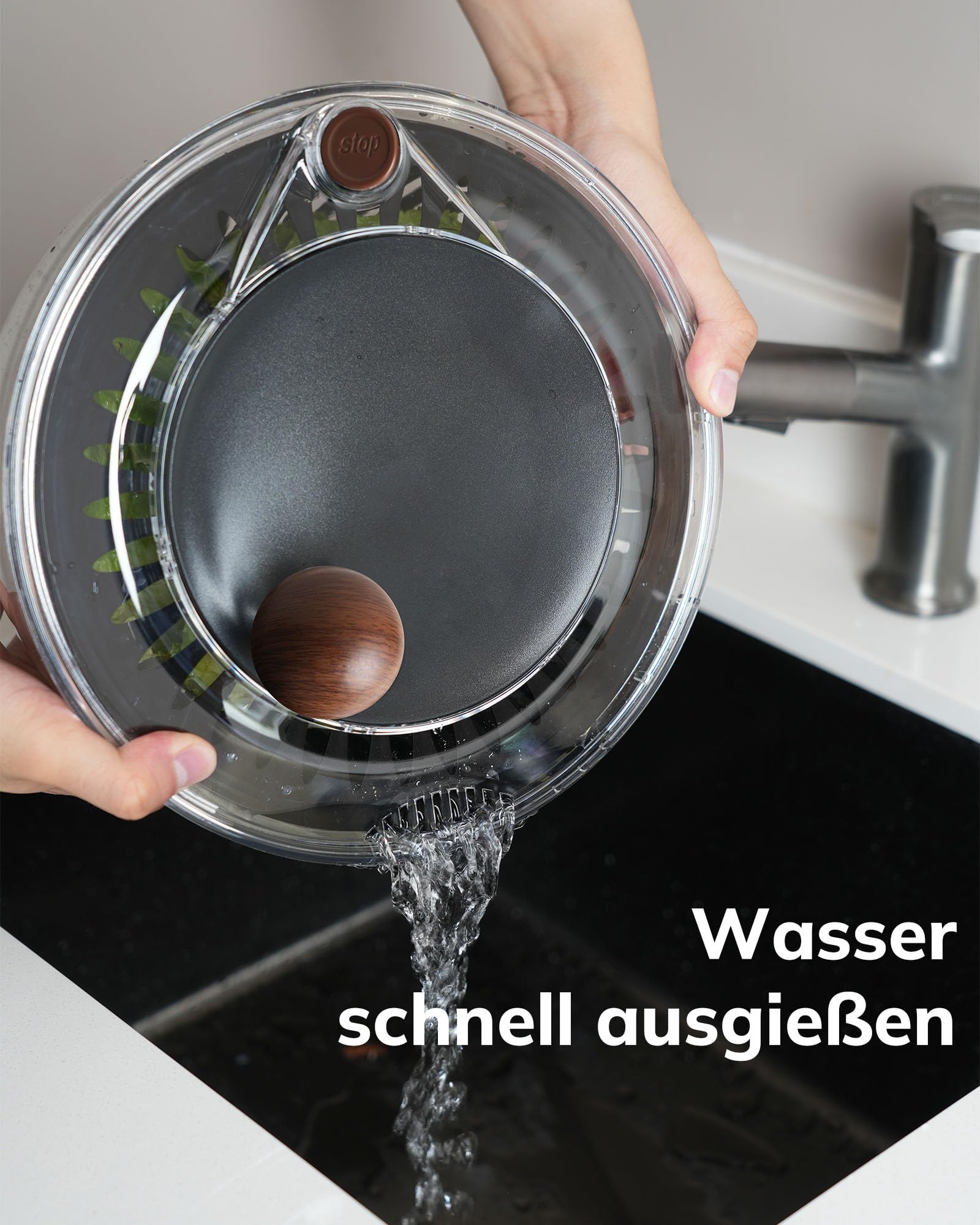 Salatschleuder Edelstahl 18/10 - Salad Spinner mit Rutschfester Boden & Stopptaste, Salat Schleuder, BPA-frei & Spülmaschinenfest, 5L Groß