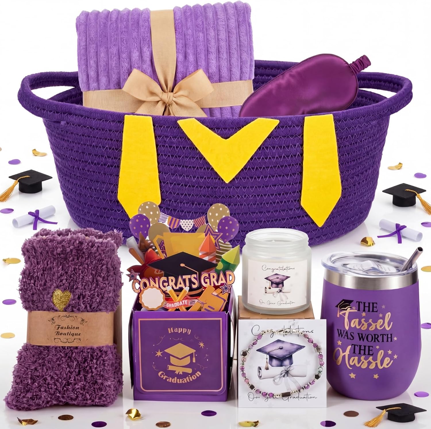 Patelai Purple Graduation Gift Basket Set for Her 2026, with Tumbler Blanket Candle Socks Bracelet Eye Mask Card, High School College Masters Degree Graduation Gifts for Friend Daughter Niece