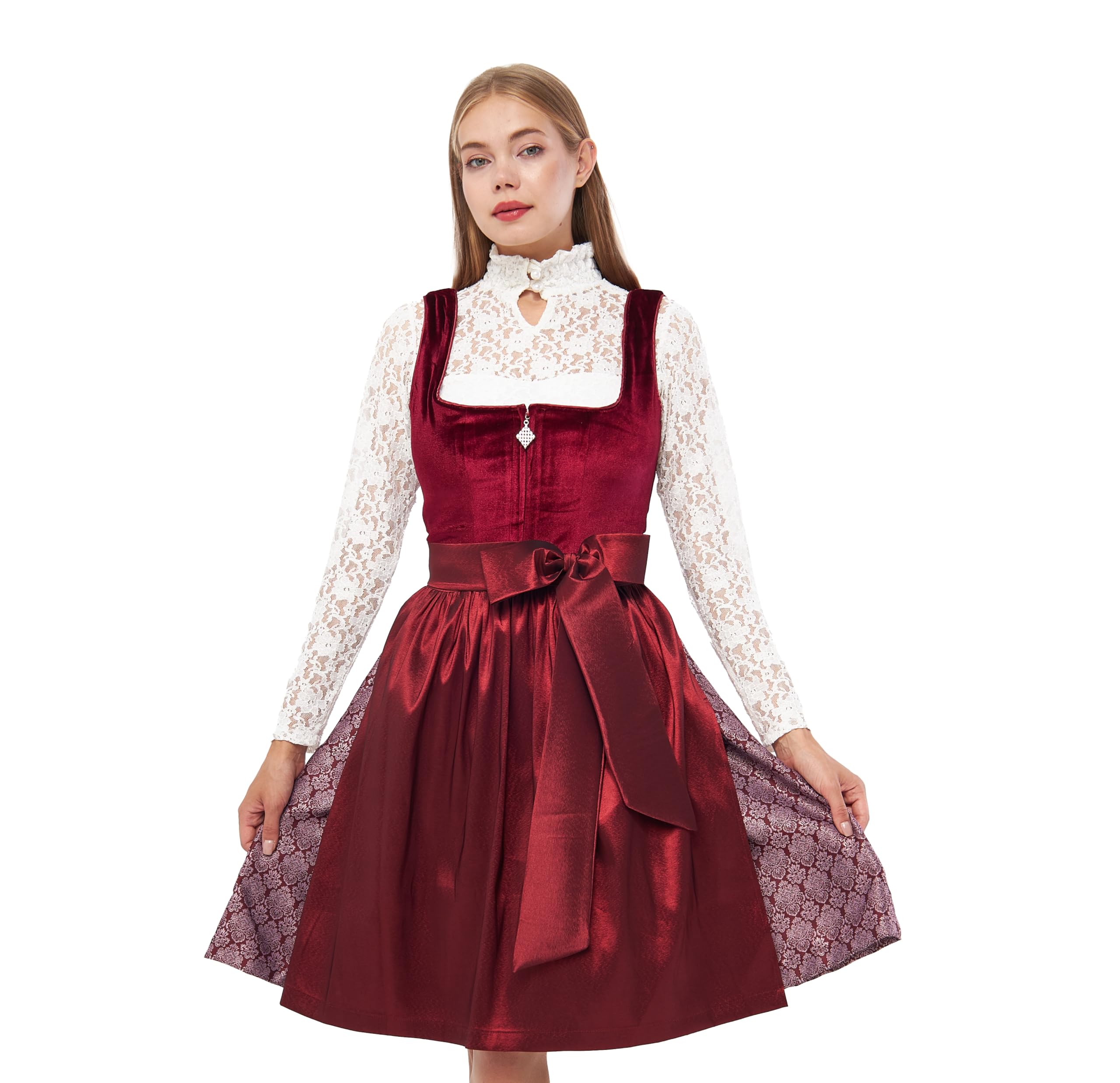 Lifos 0400 Damen Samt Dirndl mit Schürze 2 Teiliges Midi Trachtenkleid für Oktoberfest Wiesn und Volksfest