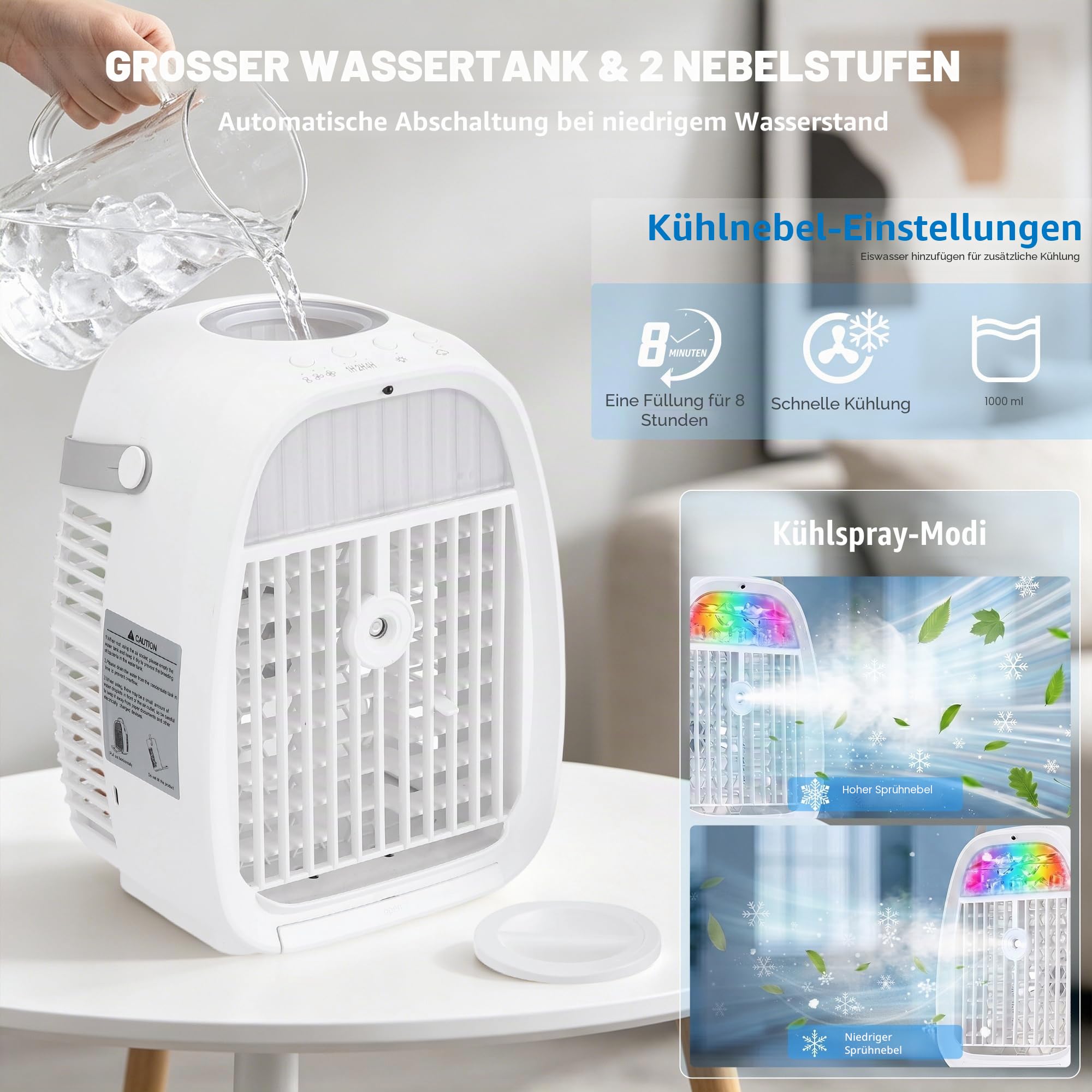 Mobile Klimaanlage 1100ML, Luftkühler mit Wasserkühlung ohne Abluftschlauch, Mini Klimaanlage 4 in 1, Klimagerät mit 3 Windstufen, 2 Sprühmodi, USB Ventilator mit LED für Zimmer Büro Camping