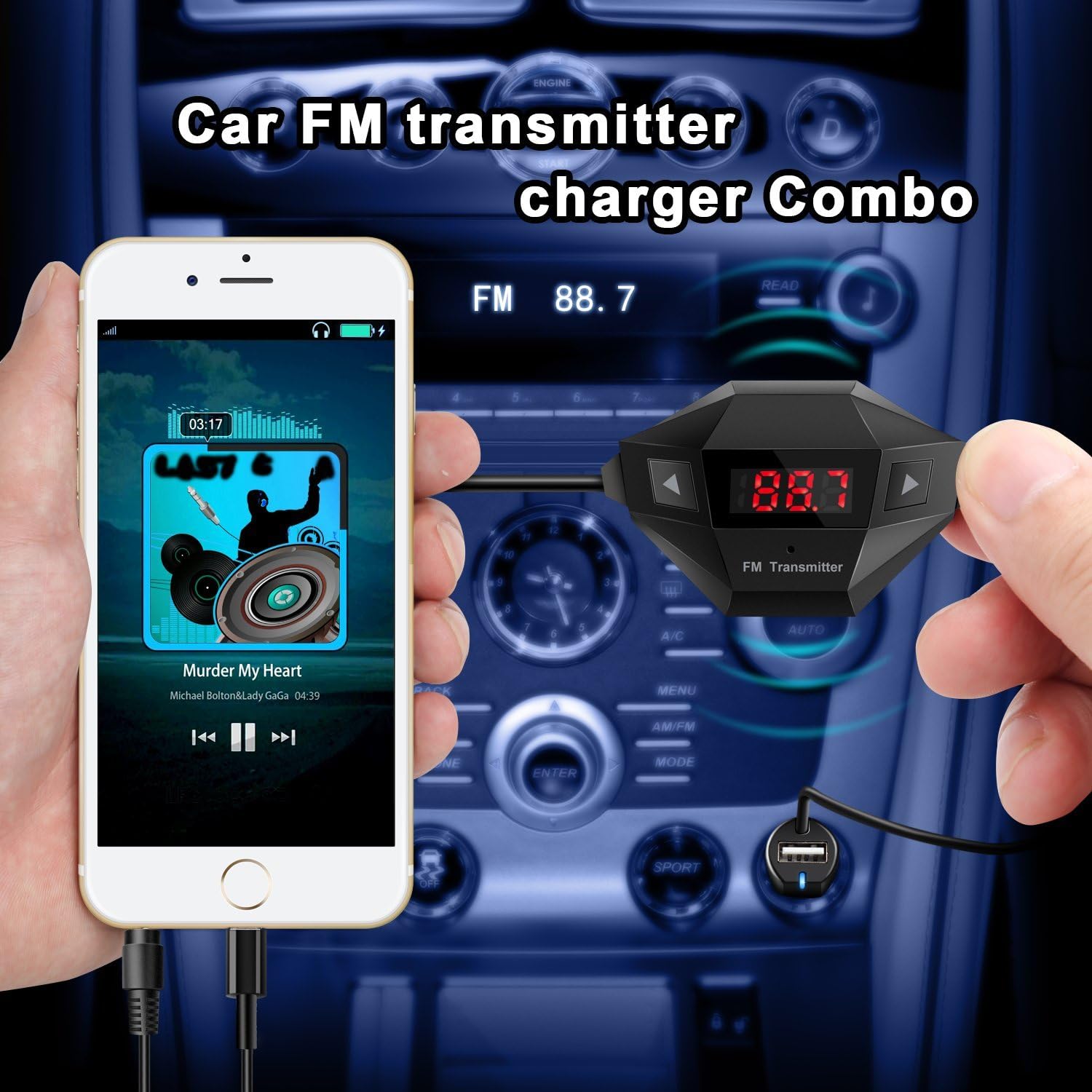 FM Transmitter, LDesign Wireless FM Transmitter Radio Car Kit with iPhone/USB Charger, 3.5mm Audio Plug for iPhone 6s, iPad, iPod, Smartphones, Tablets, MP3, MP4 and More
