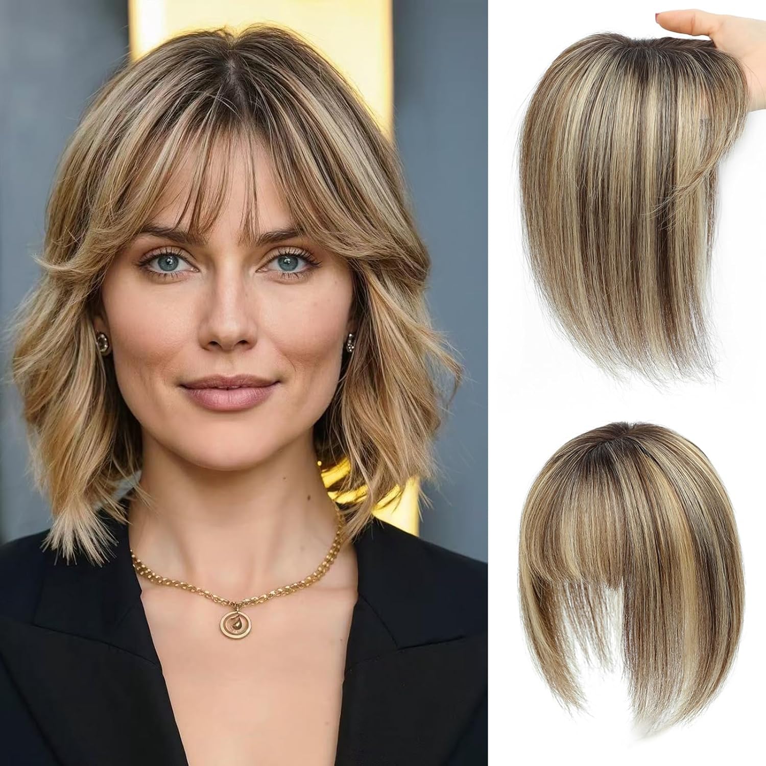 Hair Toppers for Women Real Human Hair with Bangs 10 Inch Upgrade Swiss Lace Base Toppers Hairpieces with Thinning for Daily Wear (Medium Brown Mix Blonde with Dark Brown Root