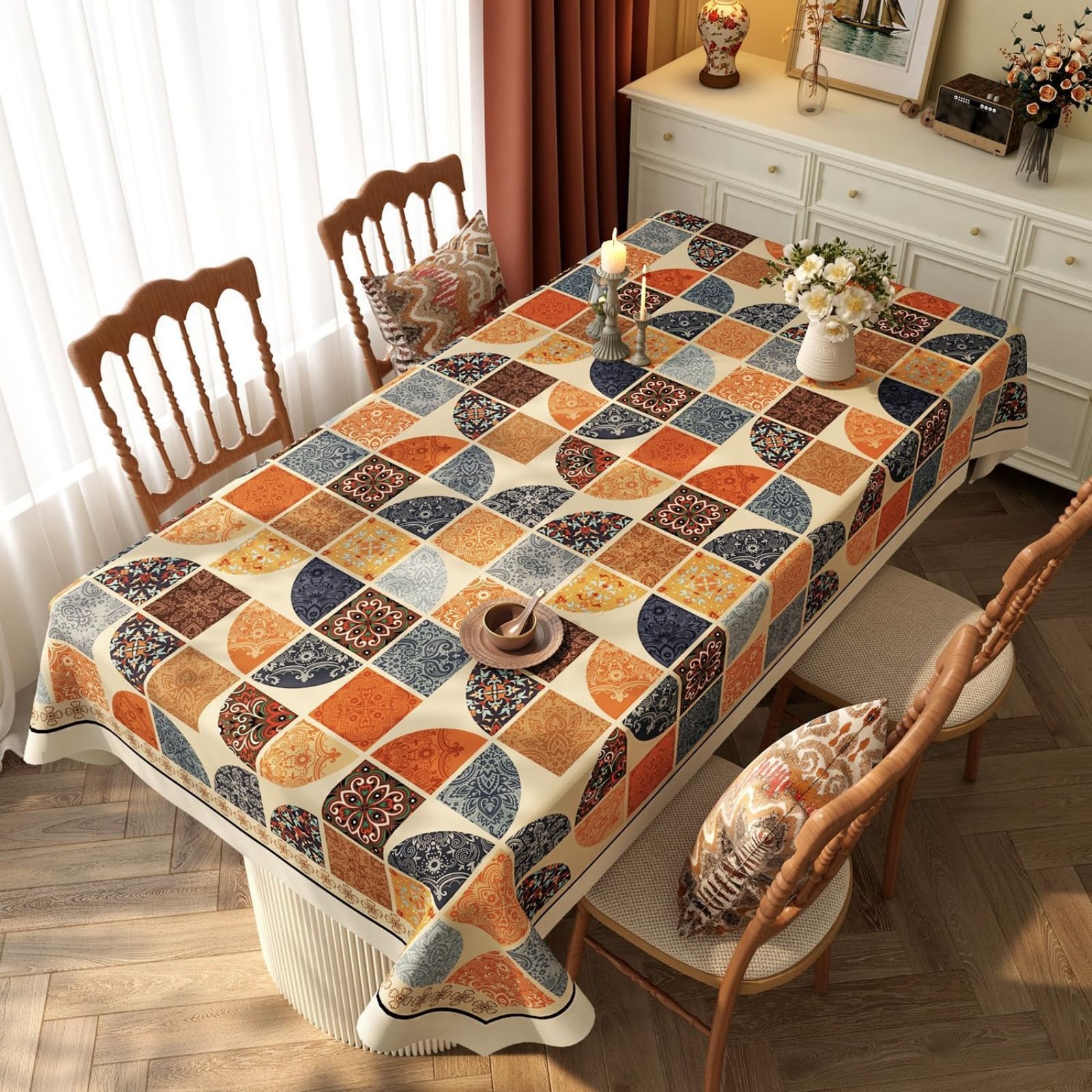 Surwin PVC Tablecloth Wipe Clean Vinyl Table Cloth Table Cover Waterproof Oil Cloth Tablecloths Mandala Pattern Rectangular for Party Dining Festival New Year Home Decorations (Orange,120x180cm)