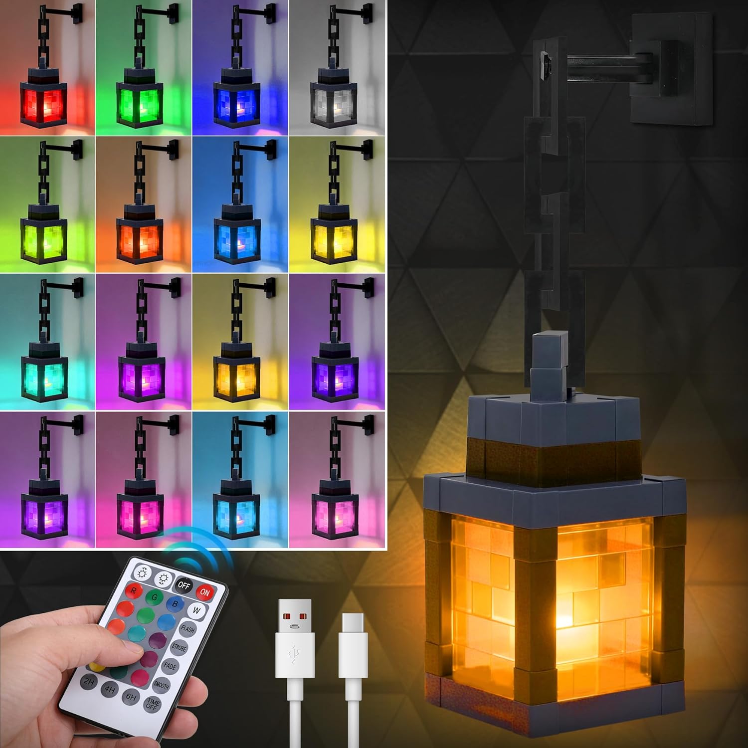 Pixelated Lantern Night Light - 16 Colors LED Touch Light with Remote Control, USB Rechargeable Hanging Lantern Lamp for Gamer Boys Girls Bedroom Game Room Wall Decor