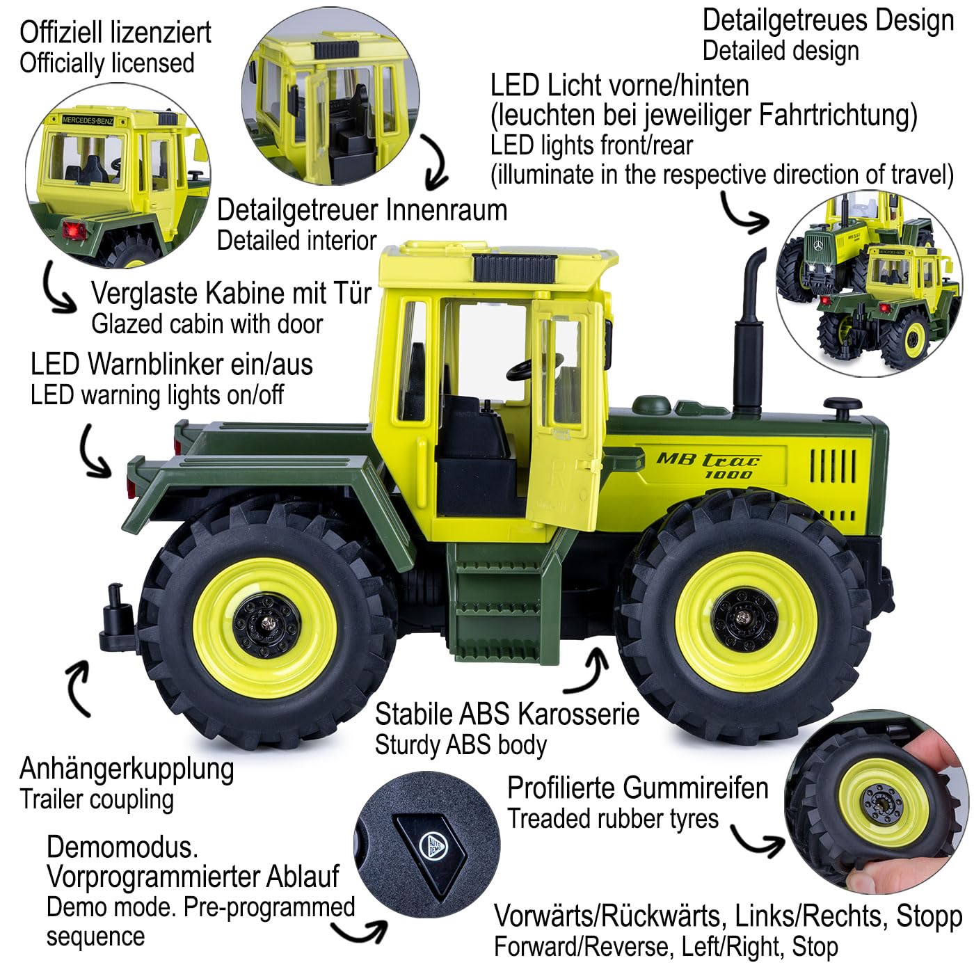 JAMARA 405341 Mercedes-Benz MB-trac 1000 1:24S-Plug 2,4 GHz Traktor Spielzeug mit Fernsteuerung und Anschluss für Anhänger und Anbaugeräte Landwirtschaft Geschenk für Kinder