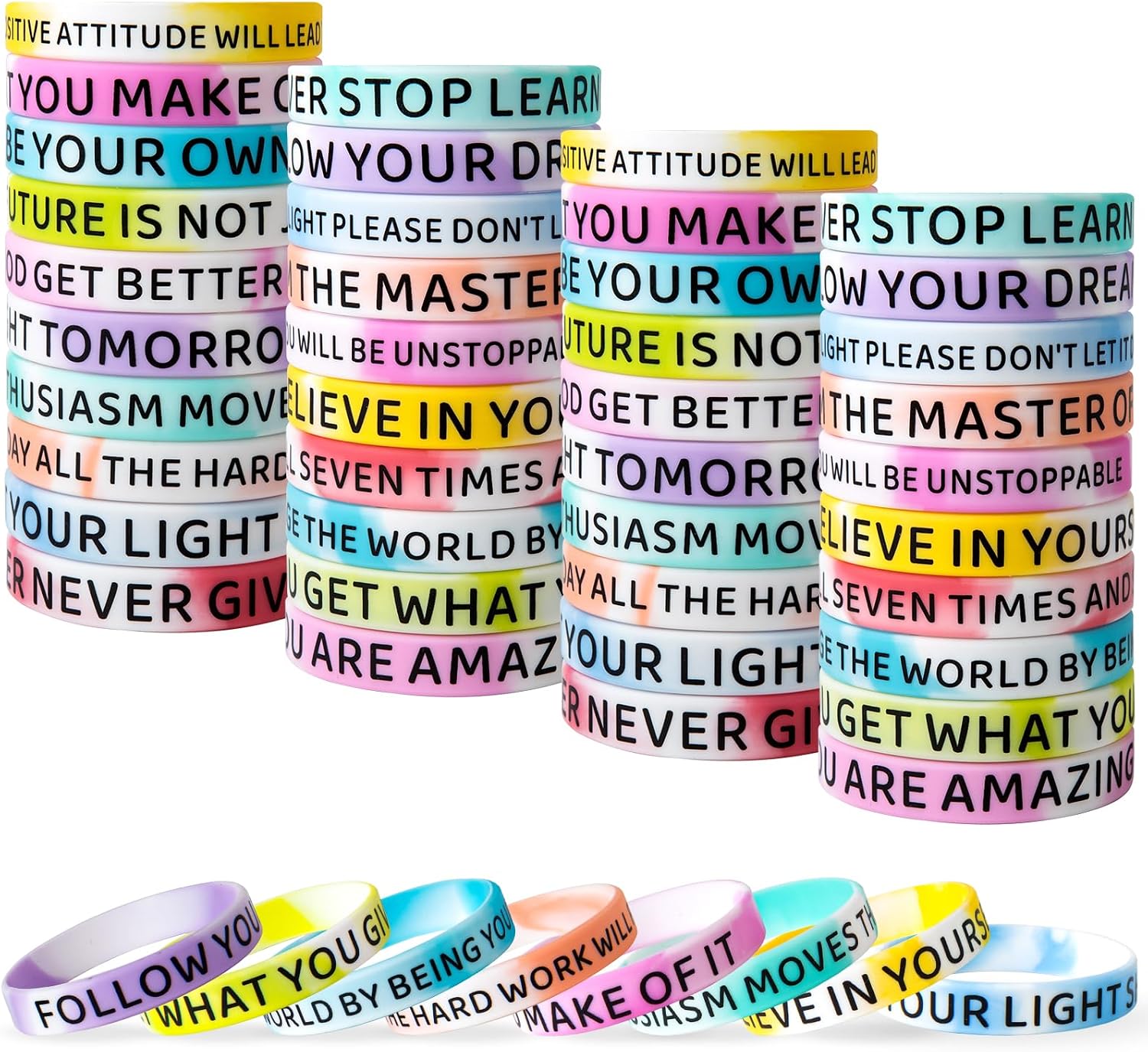 60 Pieces Motivational Quote Rubber Wristbands Colored Inspirational Silicone Bracelets Stretch Unisex Wristbands for Women Men Teens Gifts, 20 Styles (Swirl Colors)