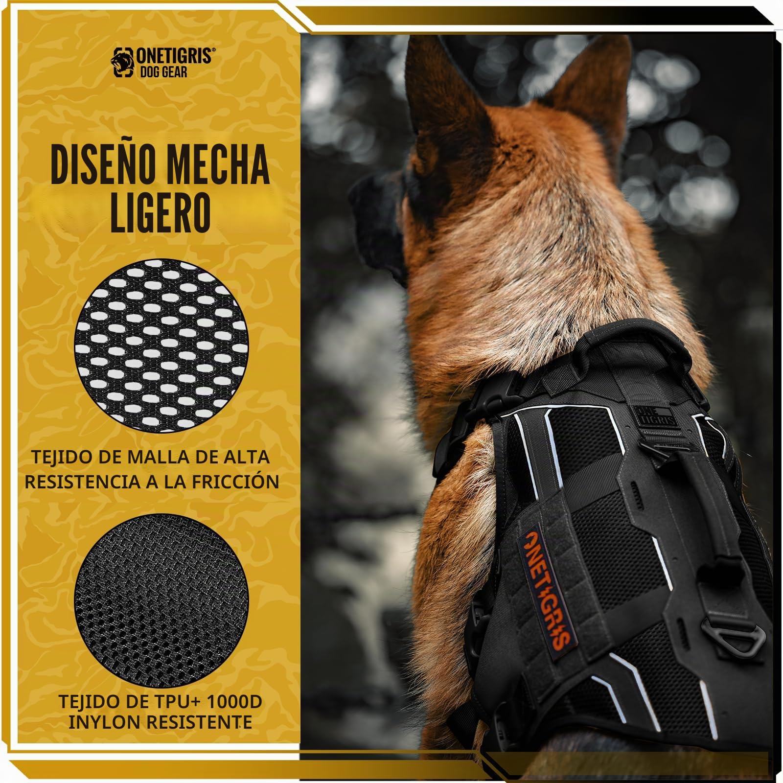 OneTigris Arnés Pecho Antitirones Perros, Aire Armor Mesh Arnés Perro Reflectante Ajustable, Táctica Arnes Perro Grande Mediano, con 2 Asas y 3 Anillos, con Sistema Molle - Negro L