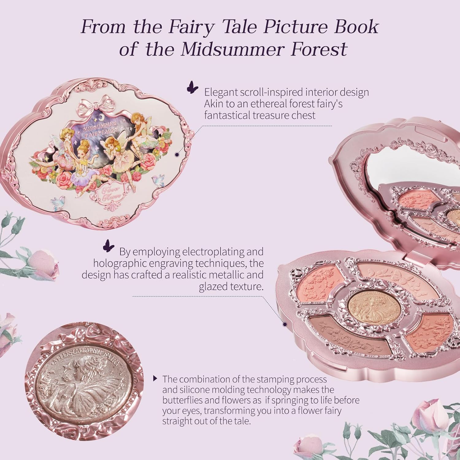 Flower Knows Midsummer Fairytales Embossed Five-Color Makeup Palette,Nude Eyeshadow with 4 Matte + Shimmer Shades,Blendable Smooth Cute Face Makeup,0.23 oz(01 Hazel Fawn)