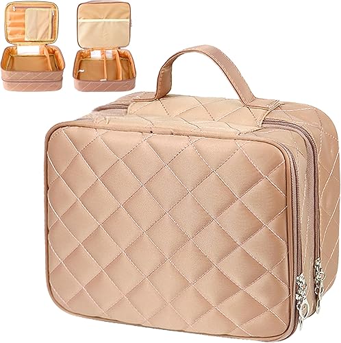 Miniatura 8 de weallbuy Bolsa de maquillaje de viaje para mujer, bolsa de maquillaje grande portátil con doble capa, bolsa de cosméticos con múltiples