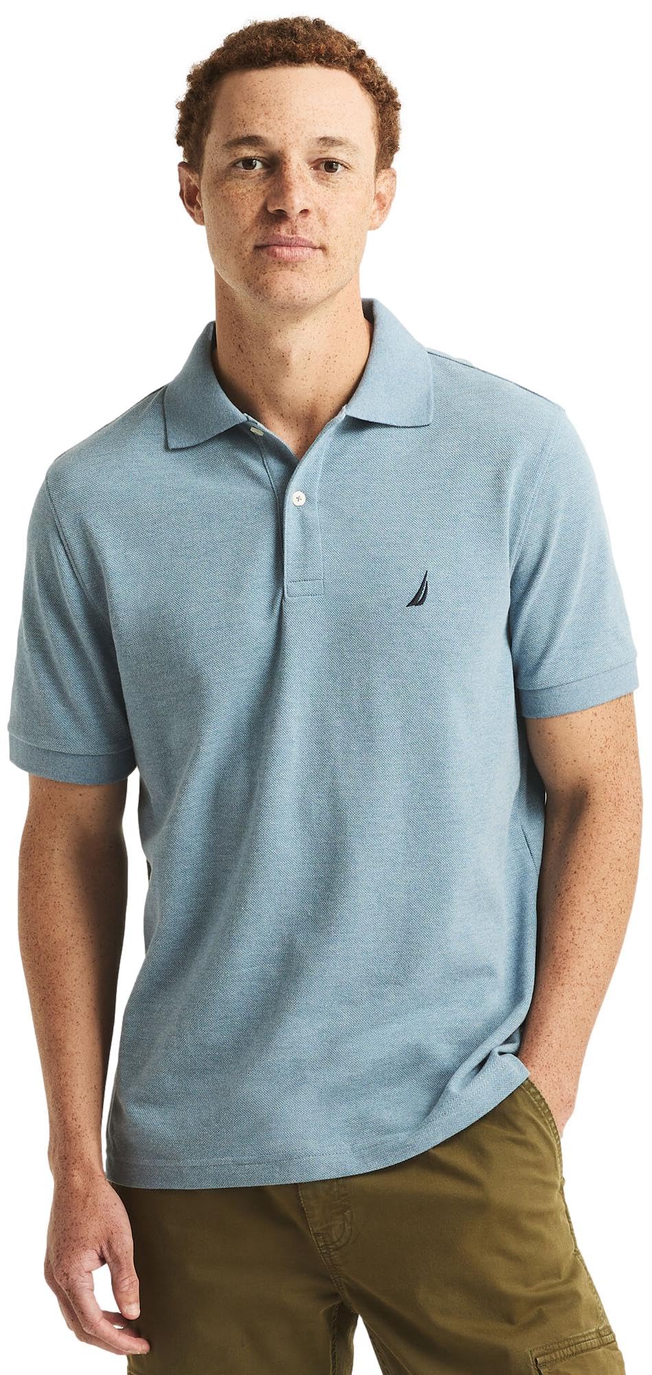 Nautica Mens Classic Fit Short Sleeve Solid Soft Cotton Polo Shirt, Deep Anchor Blue Heather, Medium