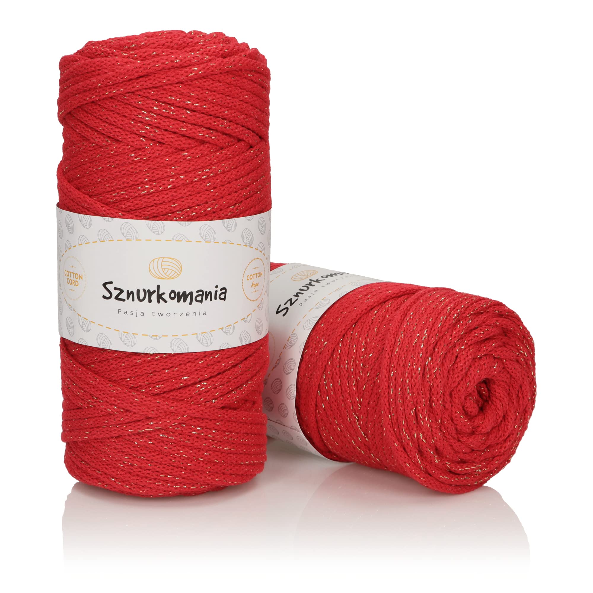 Sznurkomania Red Glitter Cotton Cord 5Mm 100 Meters, Braided Cord With Metallic Thread, Crochet Cord, Macrame Cord, Macrame Yarn, Glitter Cord, Colors (Red)