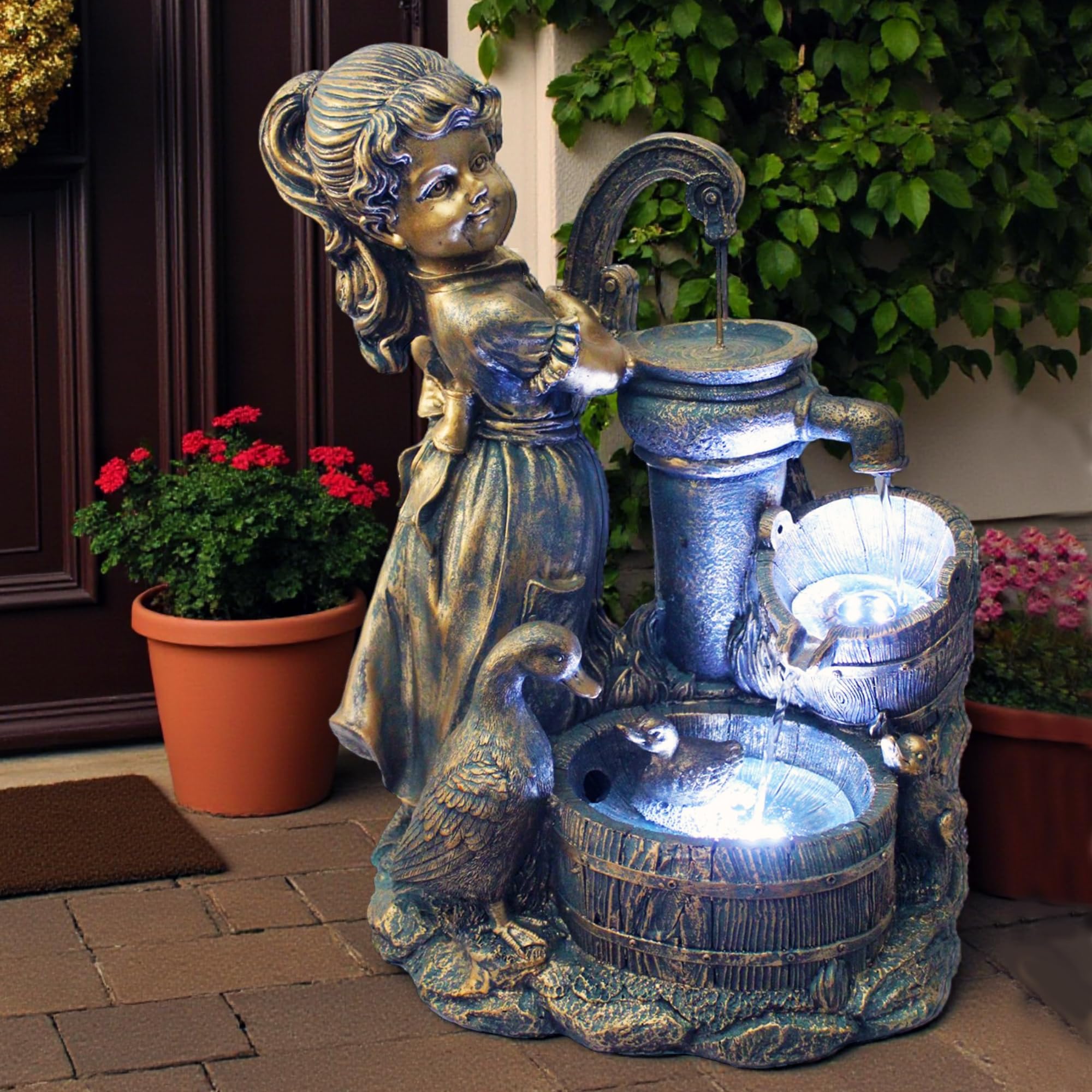 Fontaine de jardin Heidi avec oies - Jeu d'eau avec éclairage LED - Arnusa