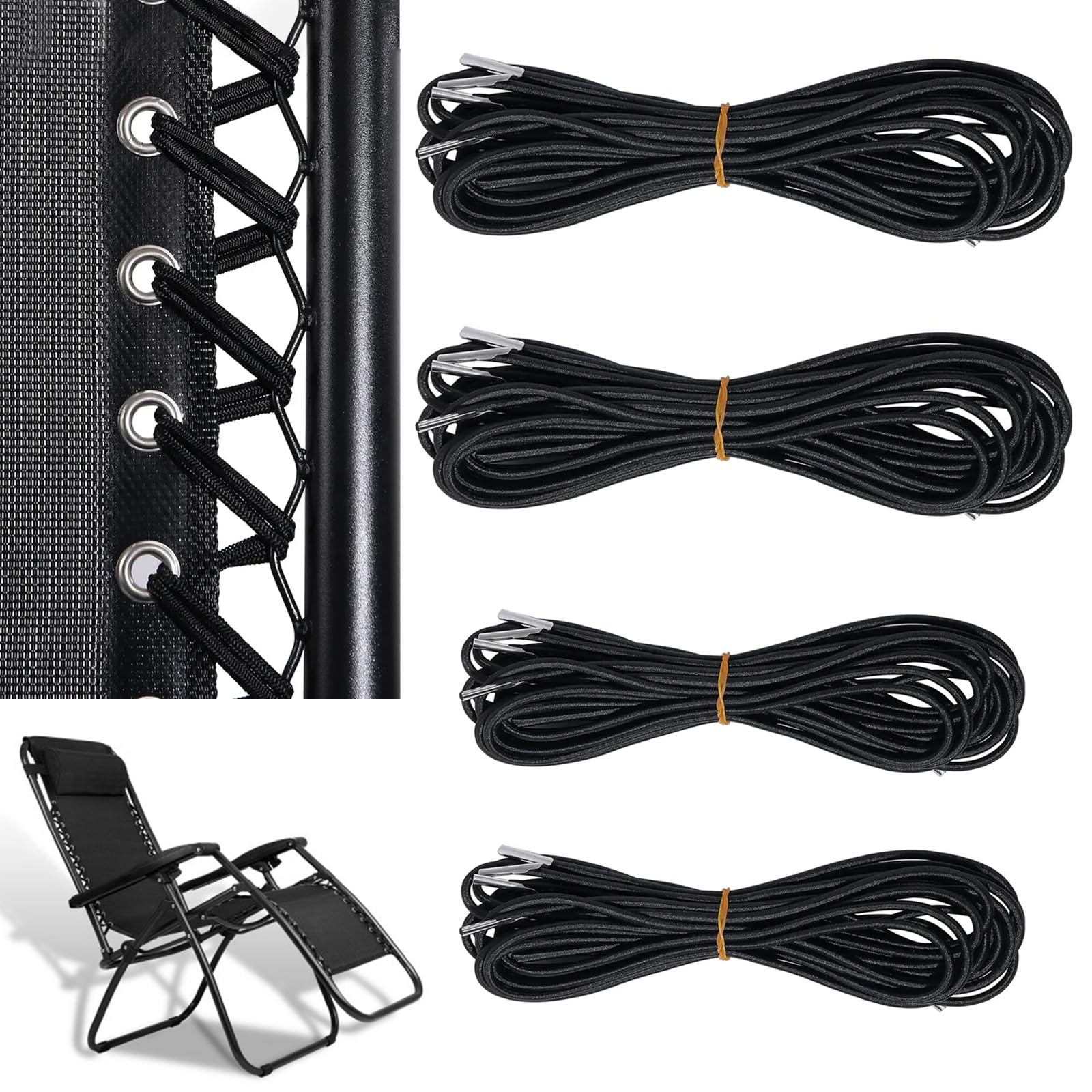 FUBESK Kit Riparazione Sedia A Gravità Zero – 4 Corde Elastiche Universali (2 Lunghe + 2 Corte) Per Sdraio Da Giardino E Reclinabili - 4