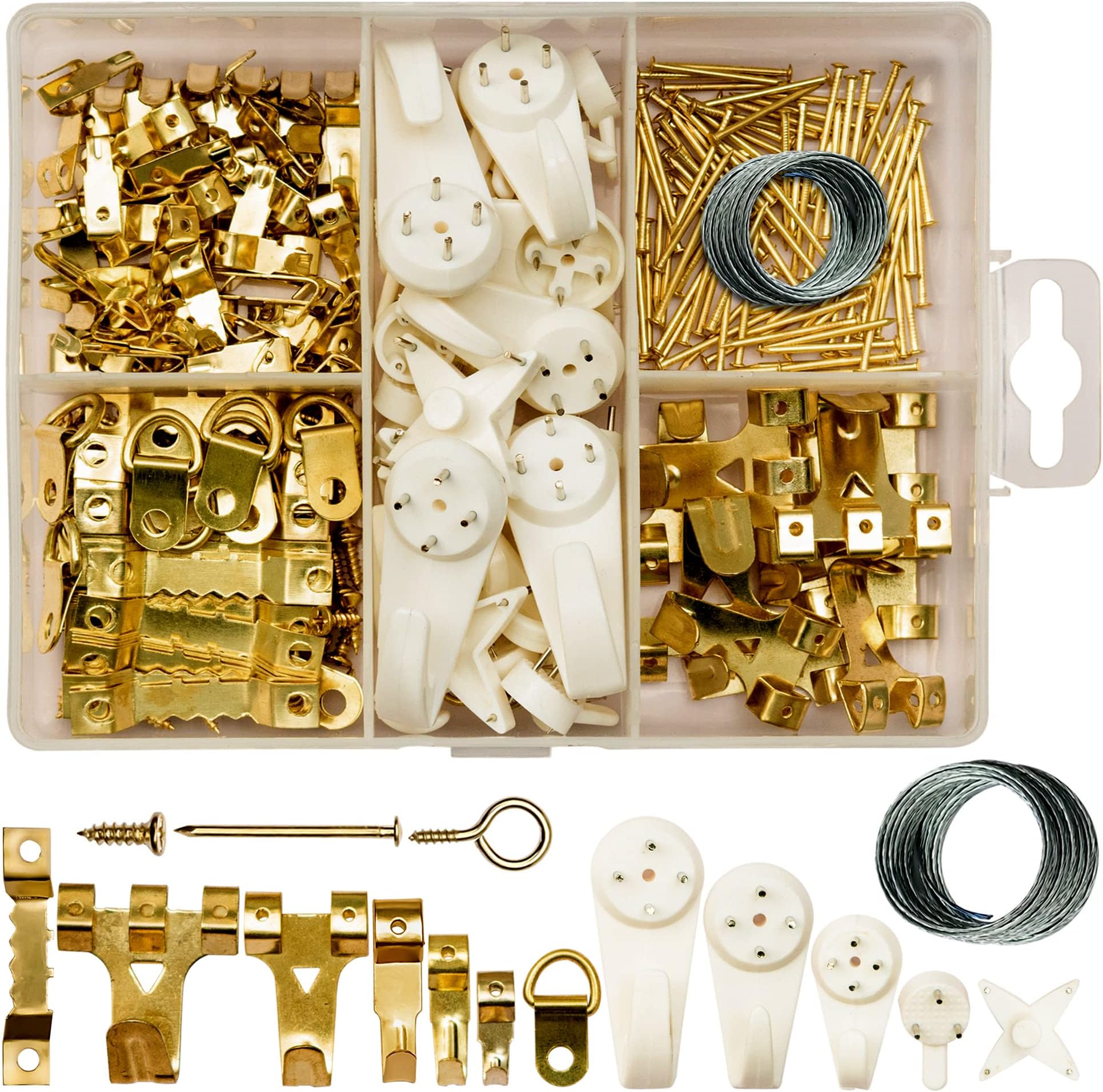 Picture Hooks Kit for Wall - Assorted 260 Pcs Heavy Duty Stainless Steel Brass Coated Frame Fixing Picture Hanging Hooks with Nail, Wire, Sawtooth, D Ring - 40 No Trace Hooks for Hardwall Drywall