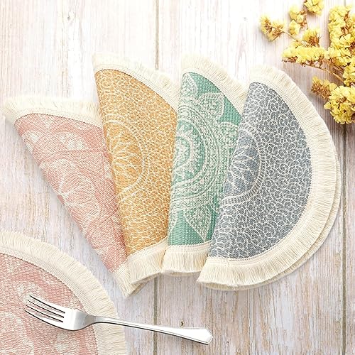 Miniatura 6 de LOMOHOO Juego de 4 manteles individuales redondos de 13 pulgadas, estilo bohemio, de algodón, con borlas de mandala, a prueba de calor, lavables,