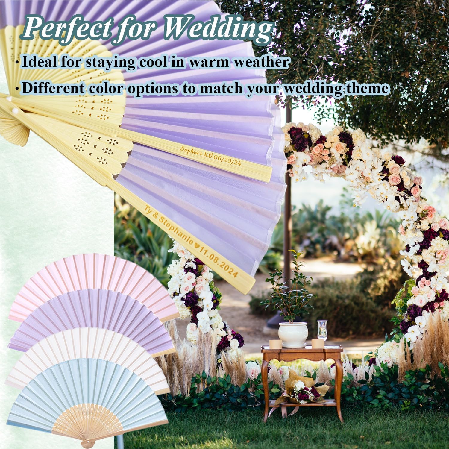 60 Pcs Personalized Purple Wedding Fans for Guests Bulk, Custom Hand Fans Decorative Folding Fans, Wooden Fans Party Favor Birthday Party Supplies Bridal Shower Gifts Baby Shower Favors
