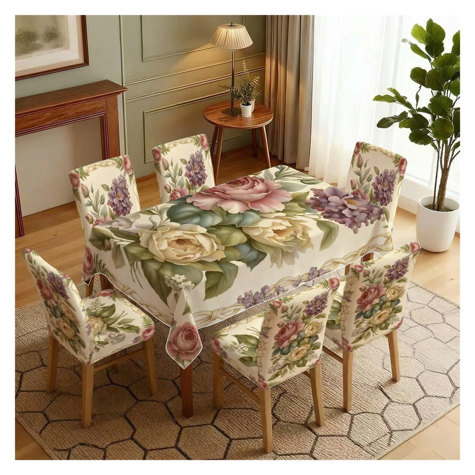 KXUAUV Cream Vintage Rose Hydrangea Floral Print Stretch Dining Chair Slipcover & Tablecloth Set, Cottage Elegant Dining Decor, 5/7 Pack Party Decor(7pcs Set: Tablecloth+Chair Covers)