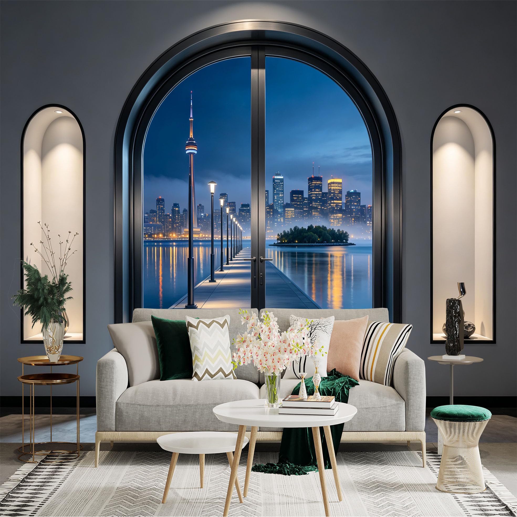 Custom Size Wall Sticker Mural， Night City Skyline with Lake View and Pier Lights， for wall Decoration， peelandstick wall Decals.