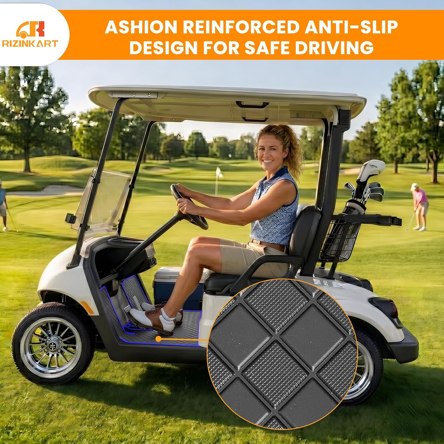 8mm Heavy Duty Rubber Golf Cart Floor Mat, Upgraded Full Coverage Liner for Yamaha G29/Drive (Gen1) 2007-2016, YDR, Adventurer Carts, Premium Non-Slip Front Feet Liner Mat Replacement-Blue Trim