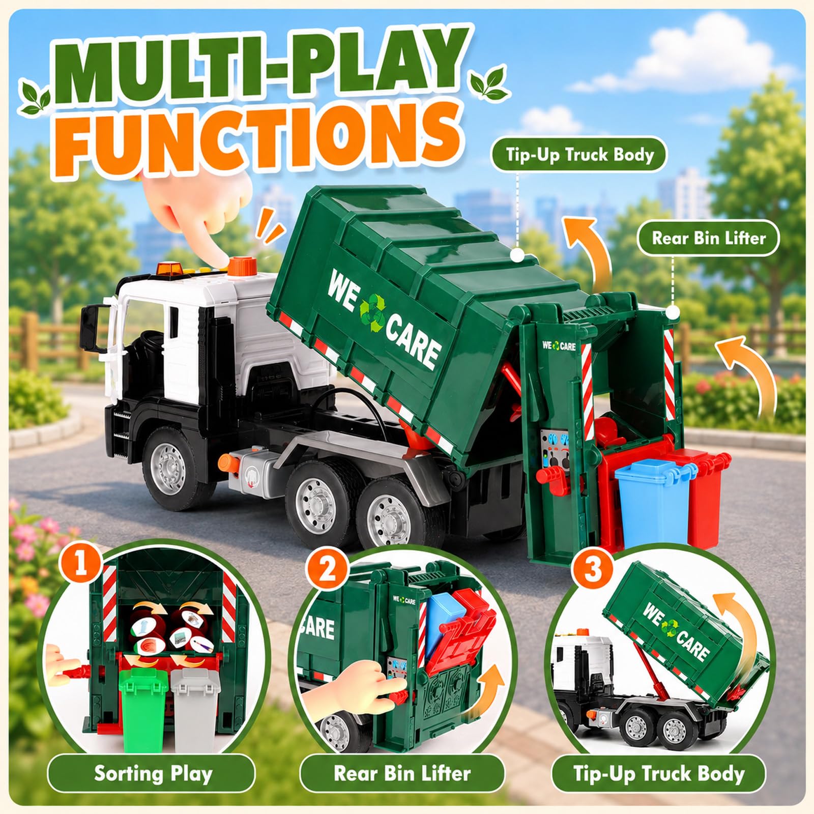 BunnyJOY Camion Spazzatura Giocattolo 3-6 Anni Luci e Suoni Veicolo Raccolta Rifiuti Regalo Verde