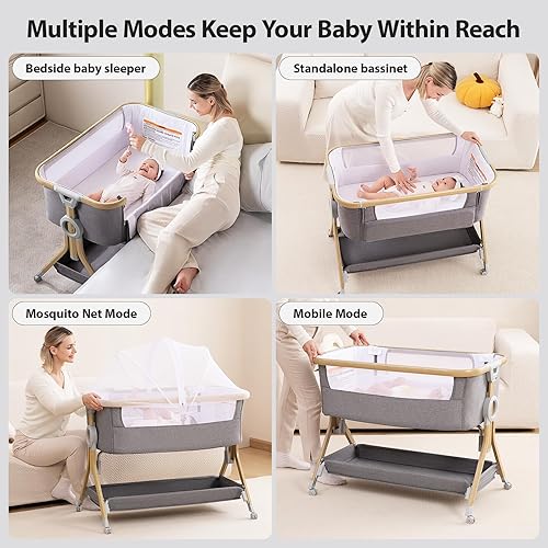 Miniatura 2 de Larex Cuna para bebé con mosquitera, bolsa de almacenamiento y canasta, 5 alturas ajustables, ruedas móviles, colchón transpirable y malla