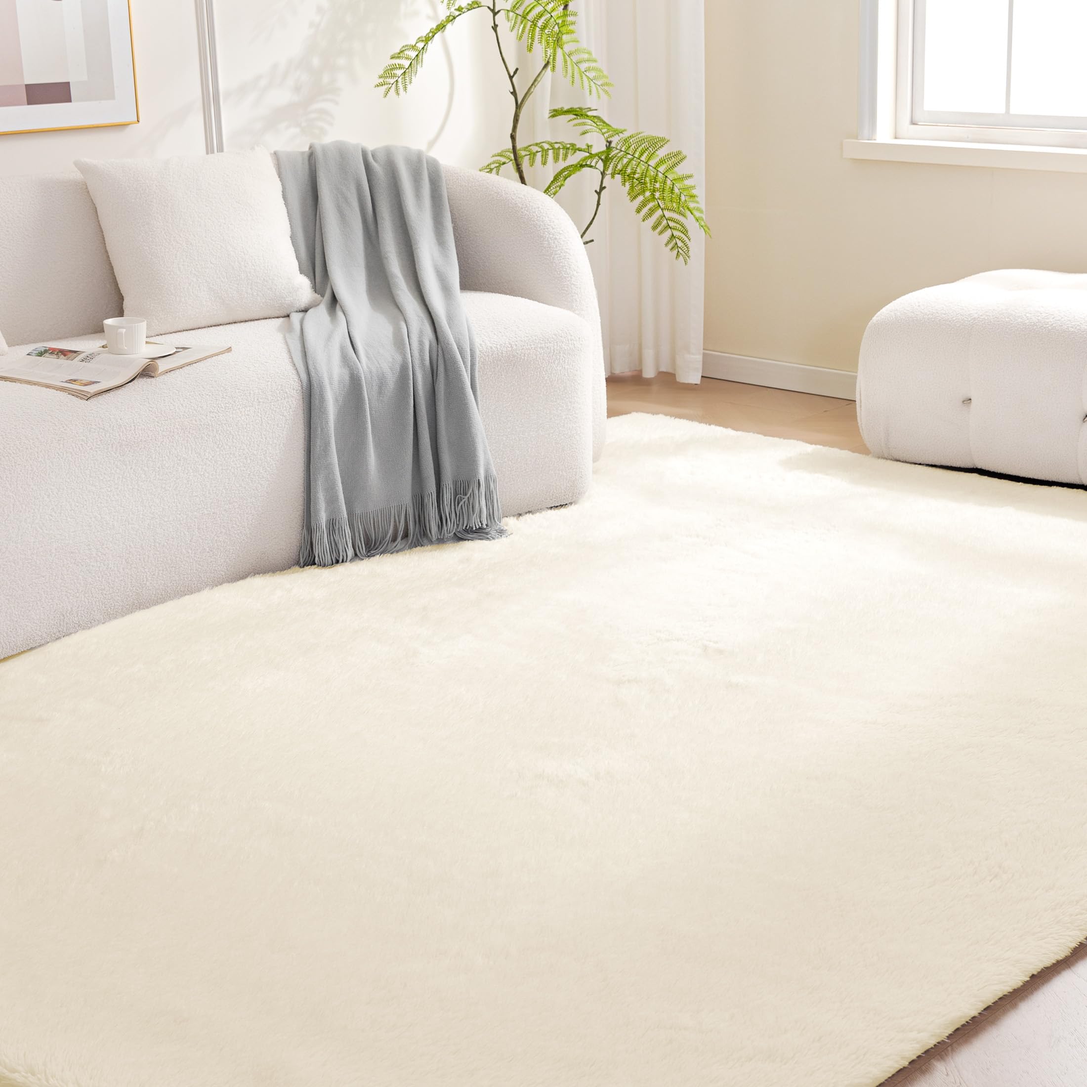 amazon basics fluffy washable area rug, shaggy carpet for living room, bedroom, 8' w × 10' l, beige