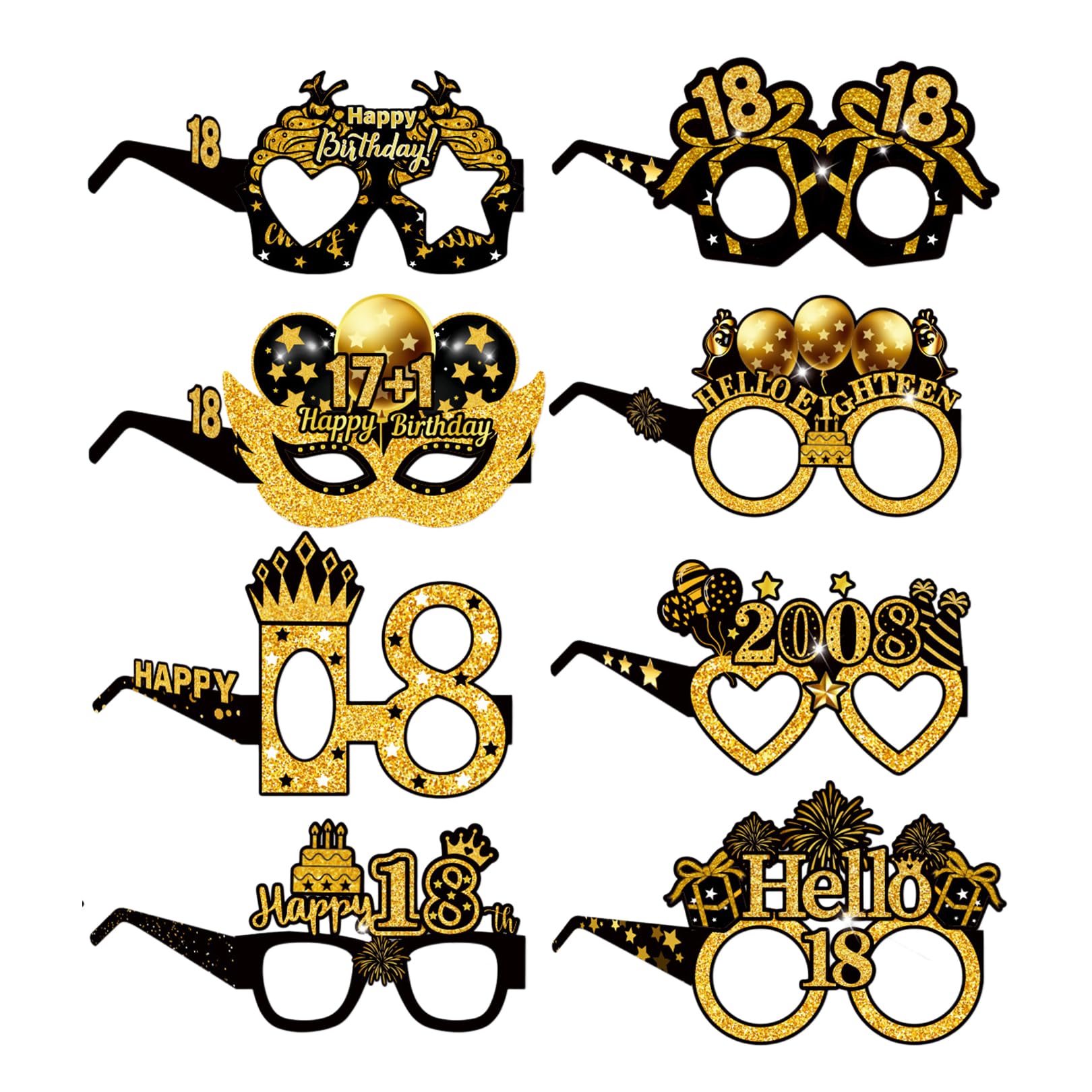 8 Pcs 18th Birthday Glasses,Paper Novelty Birthday Party Eyeglasses Decorations,Black Gold 18th Birthday Decorations for Boys Girls,Funny Happy 18 Birthday Photo Booth Props Favors Decoration Supplies