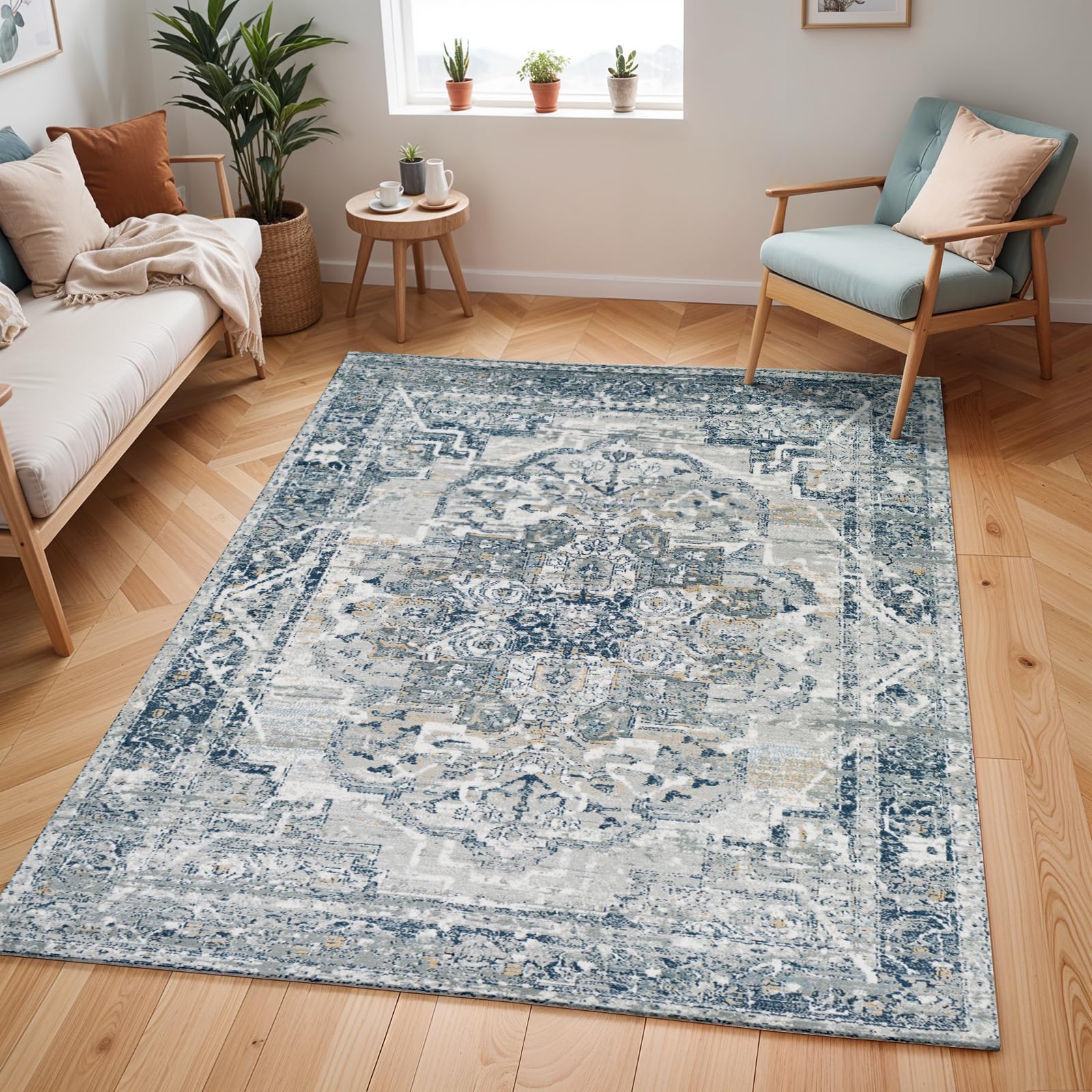 Livabliss Ascot Vintage Rug - Area Rugs for Living Room 120x170 cm, Bedroom - Scandi Neutral Rug, Traditional Patterned Boho Rug Style, Natural Easy Care Pile - Large Rug, Grey and Blue Rug