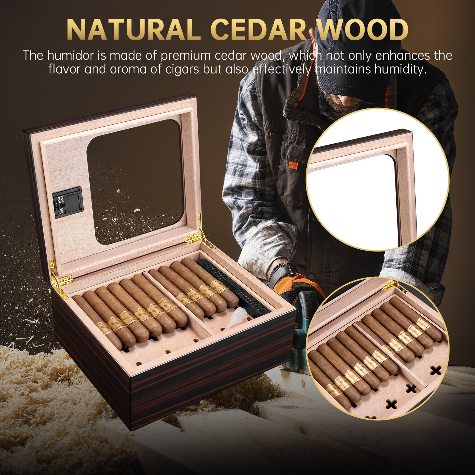 Zigarren Humidor aus Zedernholz, Zigarrenbox mit Hygrometer und Luftbefeuchter, Doppelraum Zigarrenkiste mit Regal für 45-55 Zigarren, Männer Geschenk Zigarren Zubehör (Dunkelbraun)