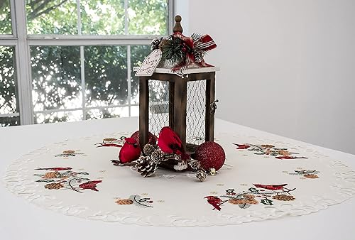Miniatura 4 de Mantel pequeño bordado de cardenales rojos y piñas de pino sobre mantel pequeño de 34 pulgadas redondo