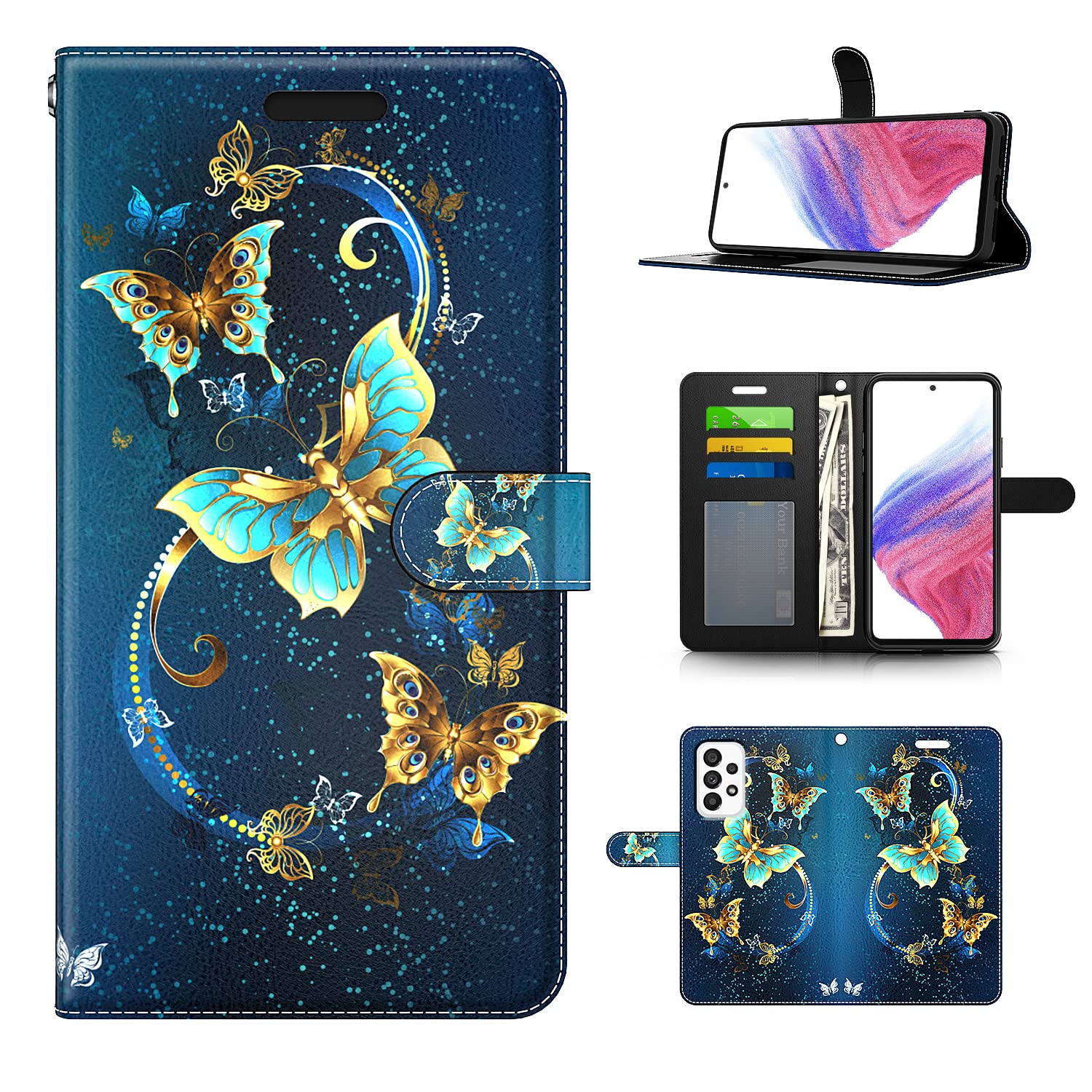 KACHEN for Samsung Galaxy A53 5G Case, Magic Butterfly Wallet Pouch Case PU Leather Flip Cover with Hand Strap, Credit Card Slots Hybrid Cell Phone Case for Women Girls