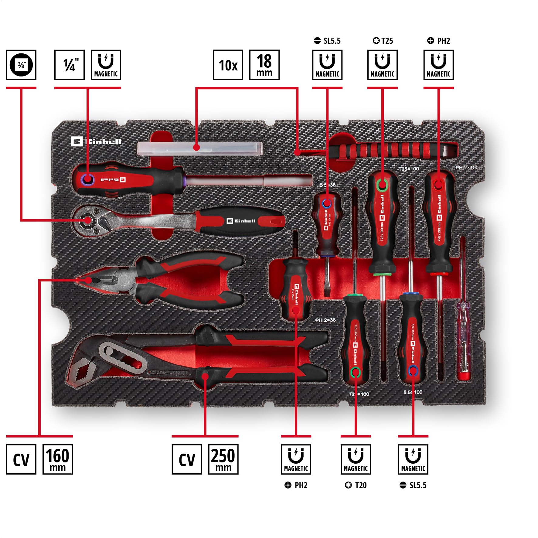 Original Einhell E-CASE 80-tlg. Werkzeugkoffer (Werkzeug-Set im robusten, stapelbaren Kunststoffkoffer als ideale Grundausstattung für den Haushalt, die Werkstatt oder unterwegs)