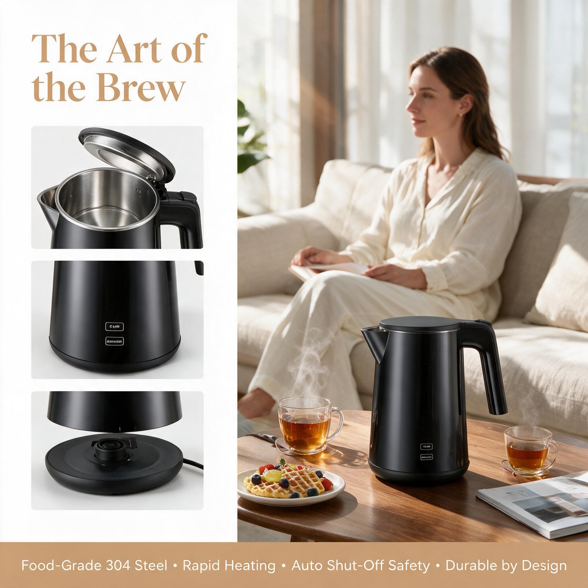 Electric Kettle Adjustable Temperature,1200W Rapid Heat Water Boiler, Black