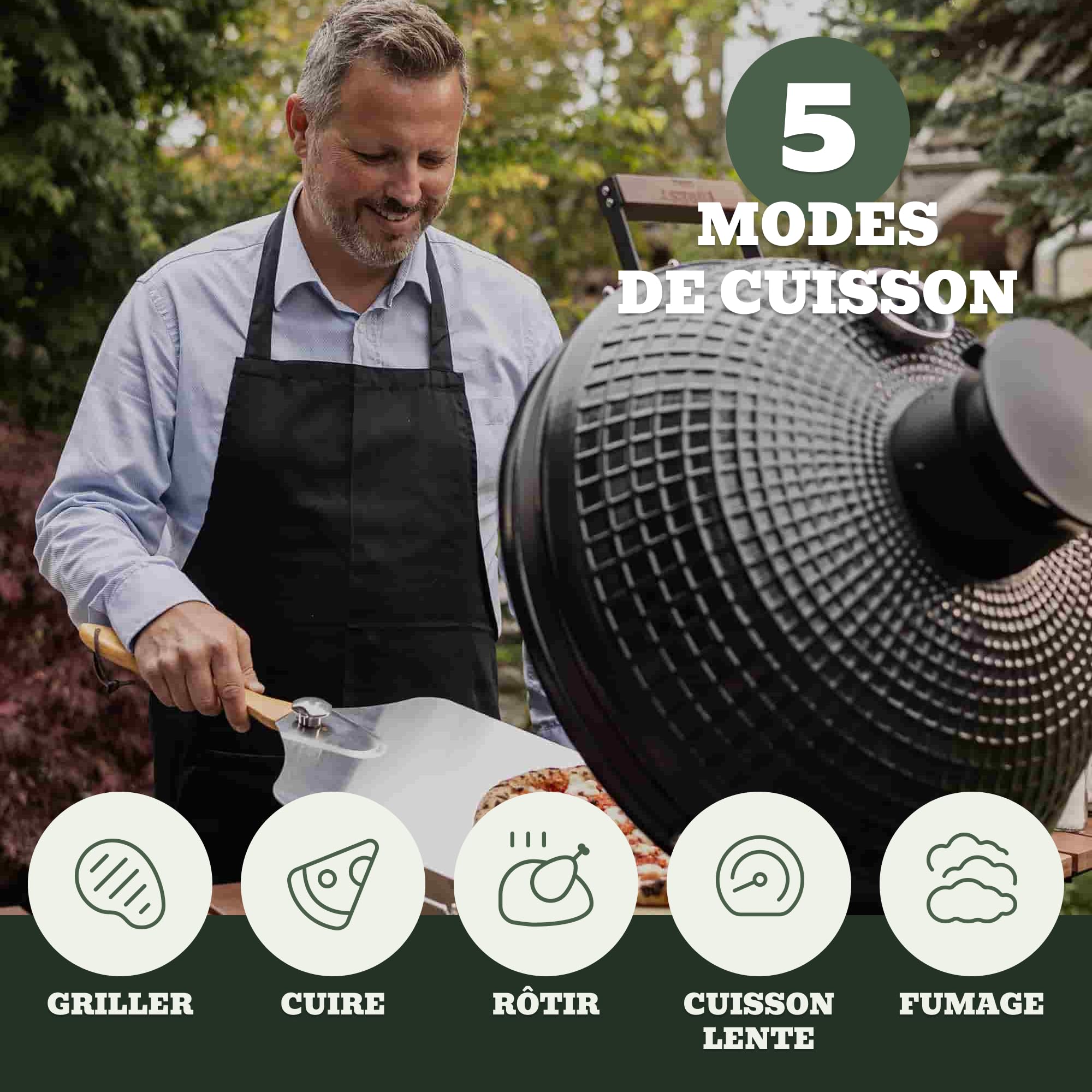 Kamado Forest-Grill XL 22" 22" = modèle familial (56 cm x 83 cm) Diamètre de la grille : 48 cm Inclus : 2 plateaux en bois rabattables
